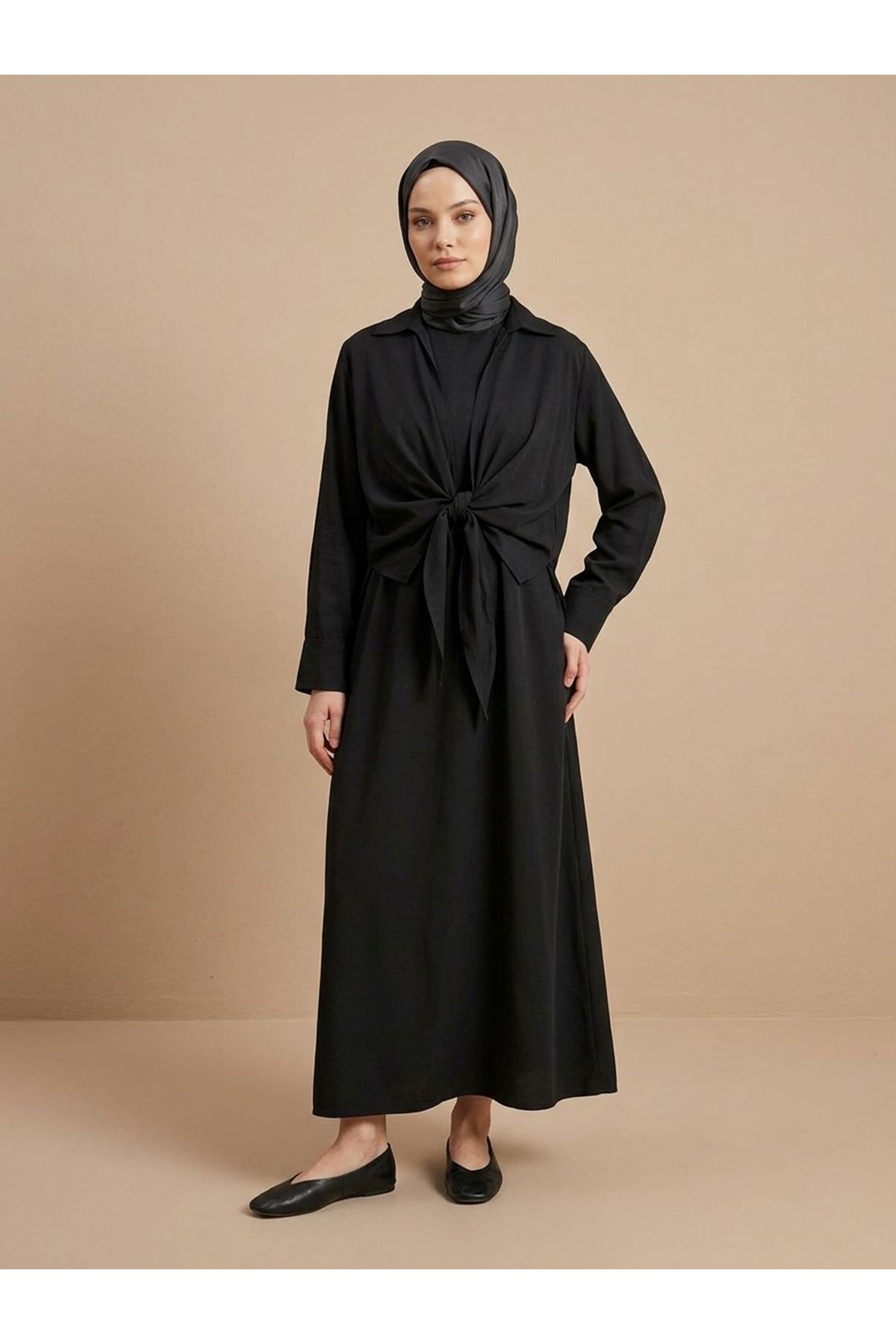 Yakalı Ön Bağlamalı İkili Elbise-Siyah