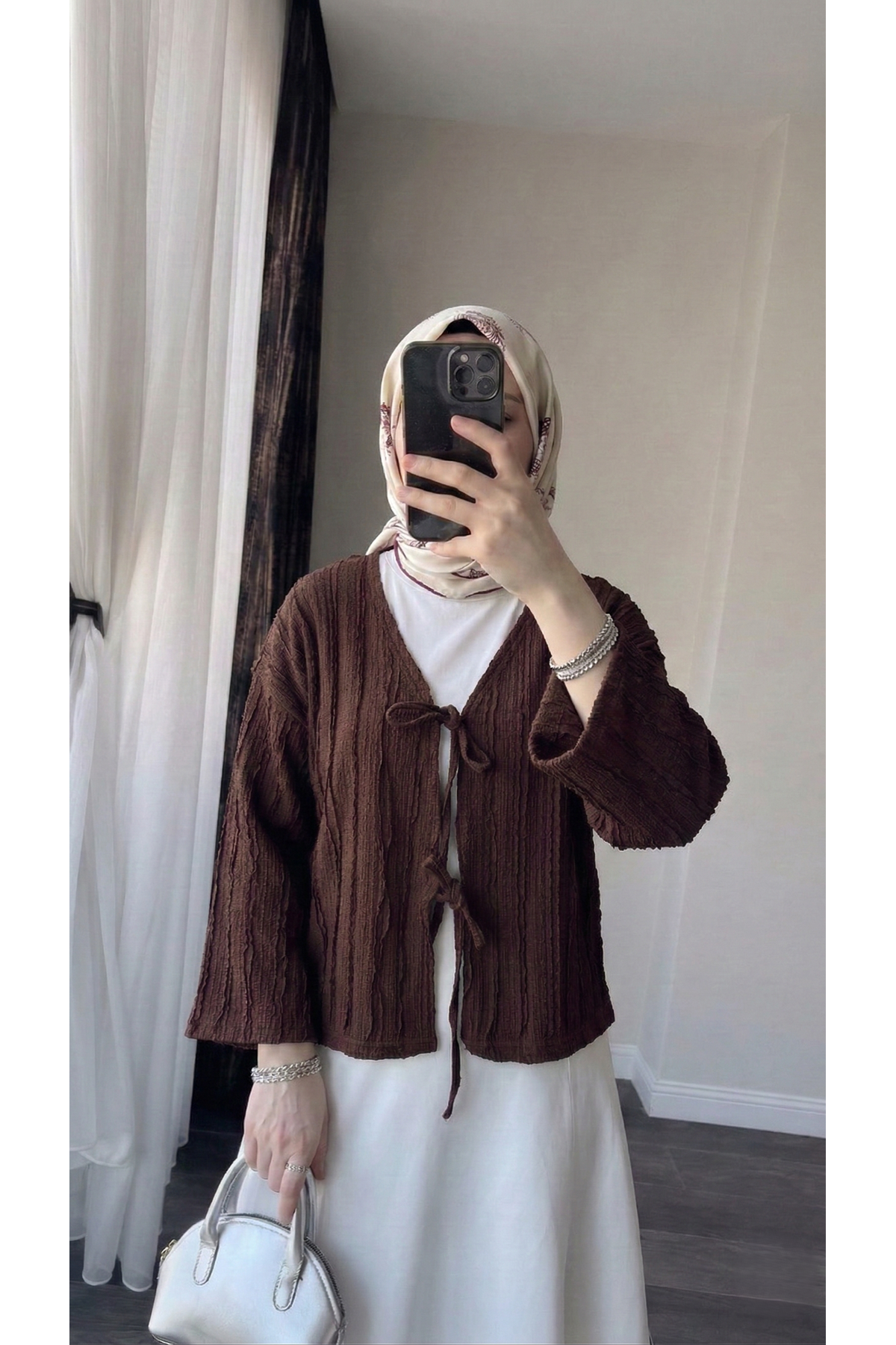 Pileli Ön İki Bağlamalı Tunik-Kahve