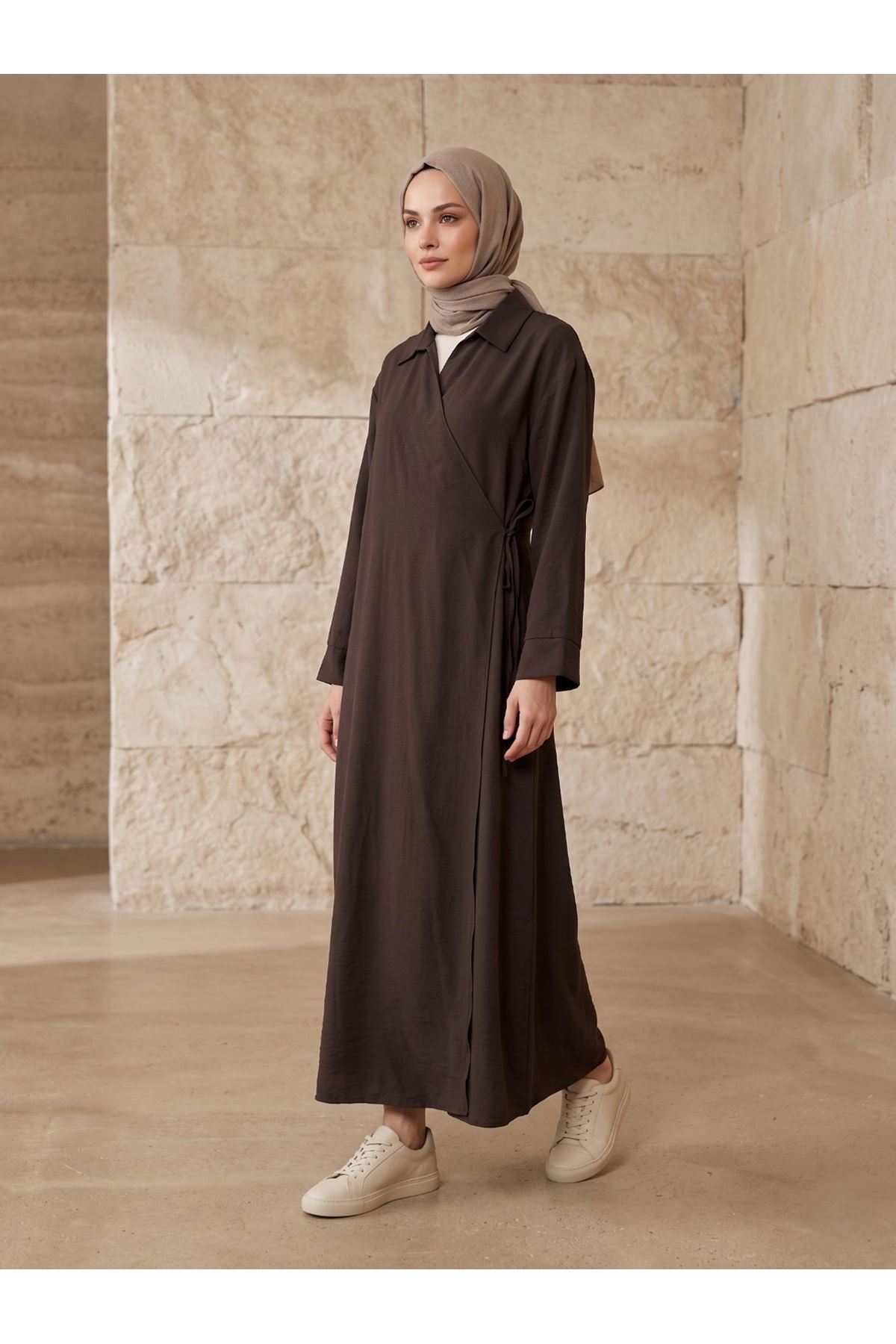 Yakalı Yandan Bağlamalı Uzun Ceket-Kahve