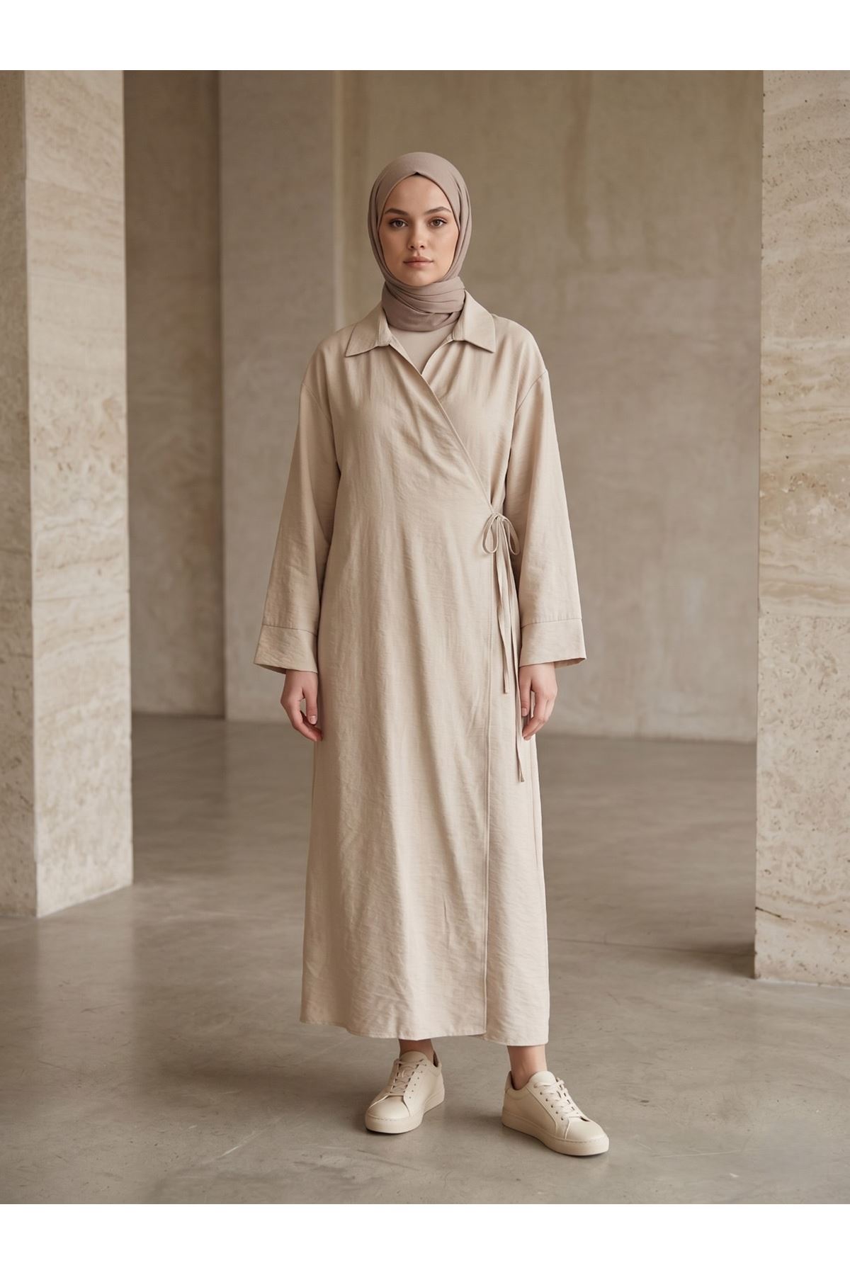 Yakalı Yandan Bağlamalı Uzun Ceket-Taş