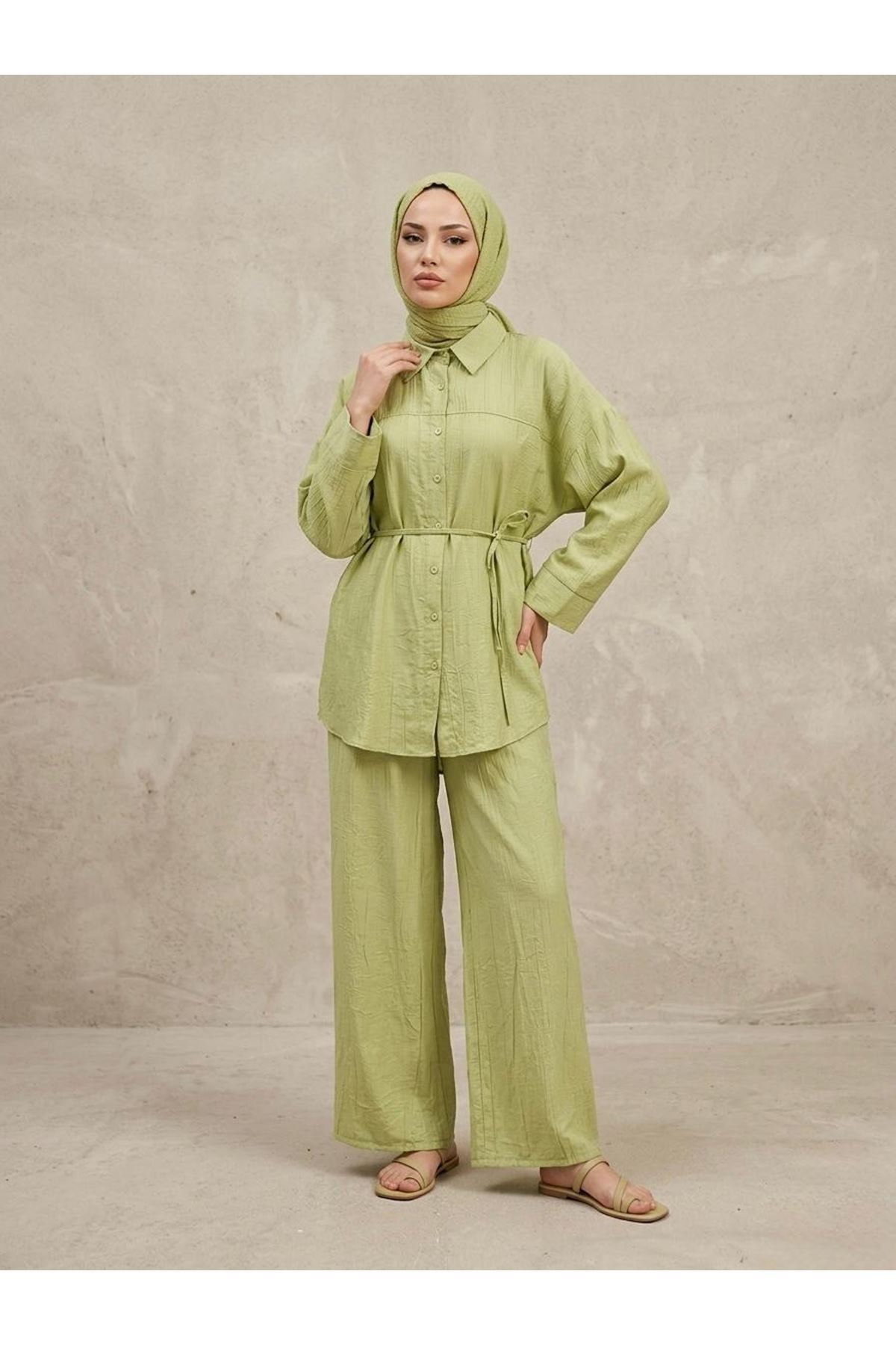 Ön Roba Detay Pantolonlu Takım-YAĞ YEŞİLİ