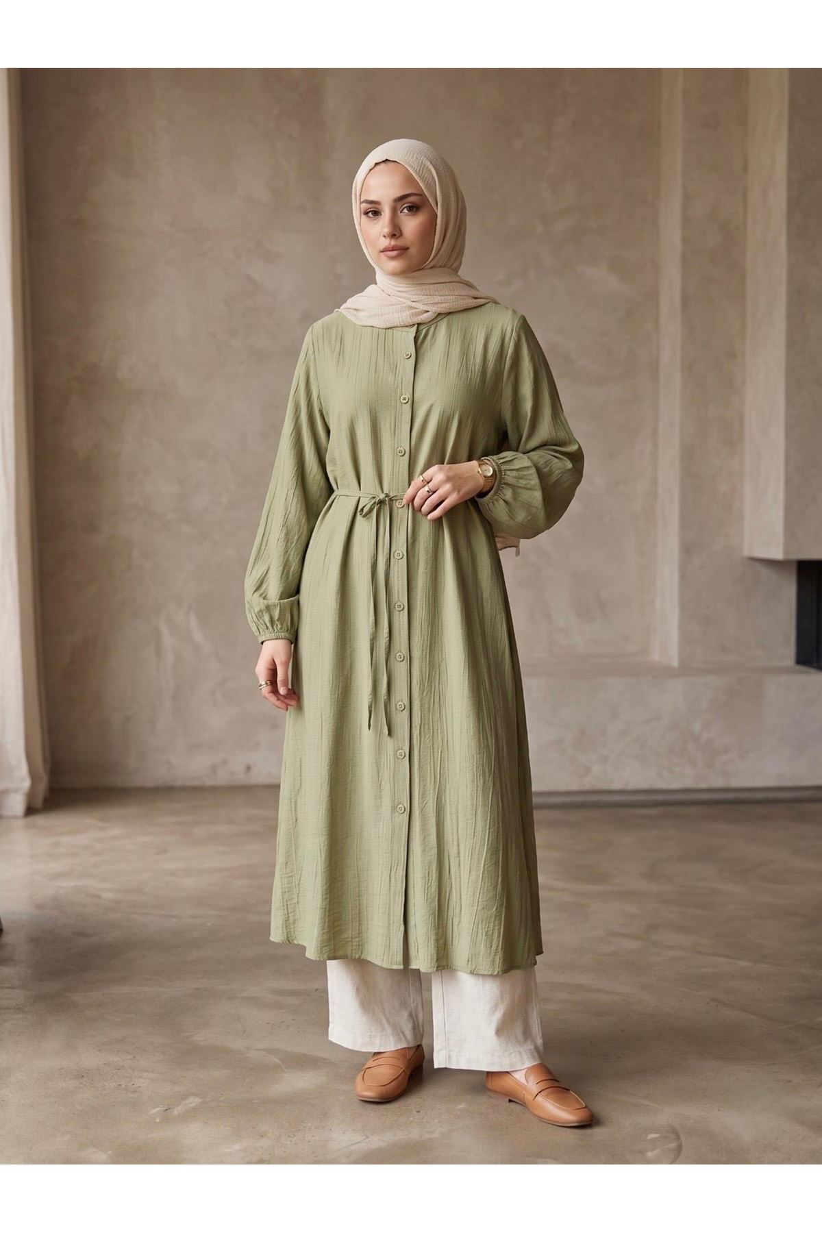 Hakim Yaka Uzun Tunik-YAĞ YEŞİLİ
