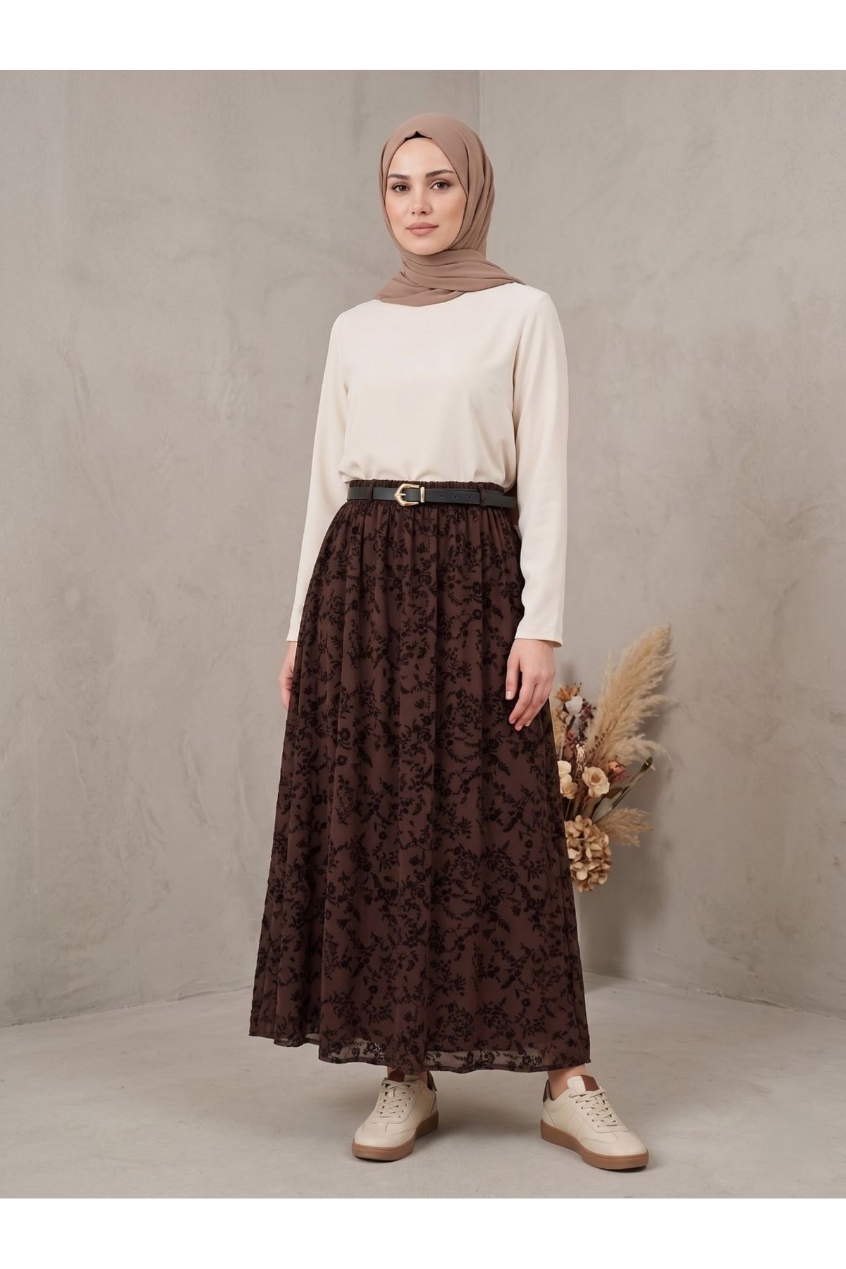 Flok Baskı Etek-Kahve