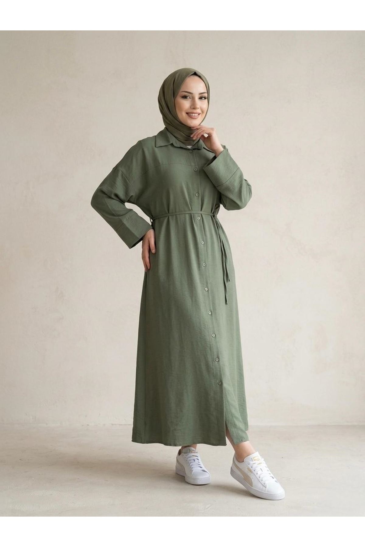 Ön Roba Detay Takma Manşet Elbise-Haki
