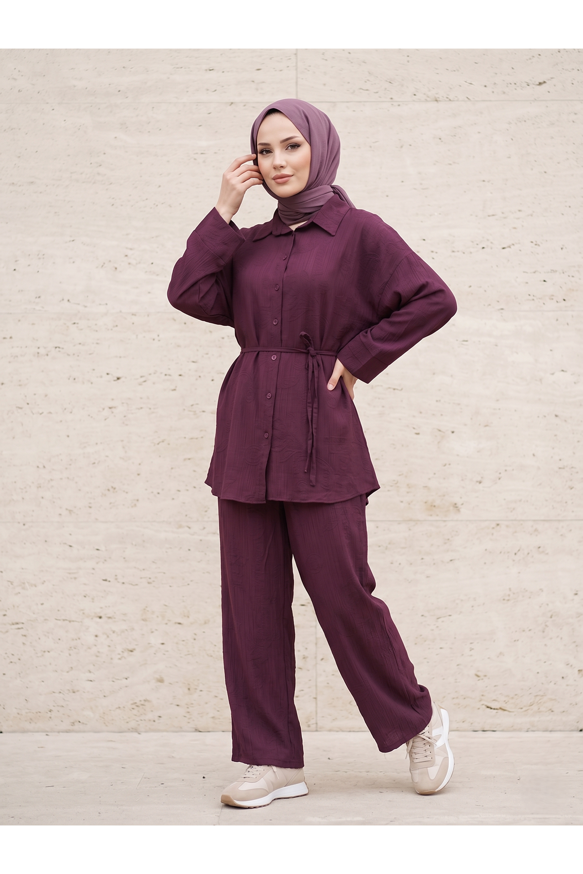 Takma Manşet Pantolonlu Takım-Bordo