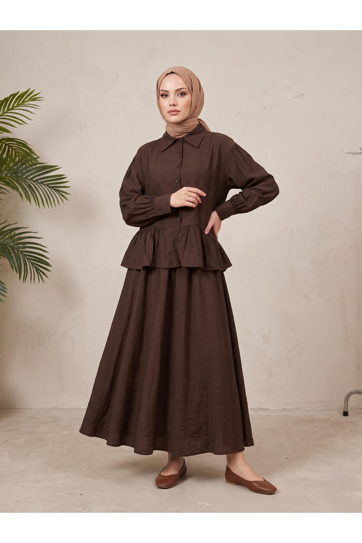 Büzgülü Etekli Takım-Kahve