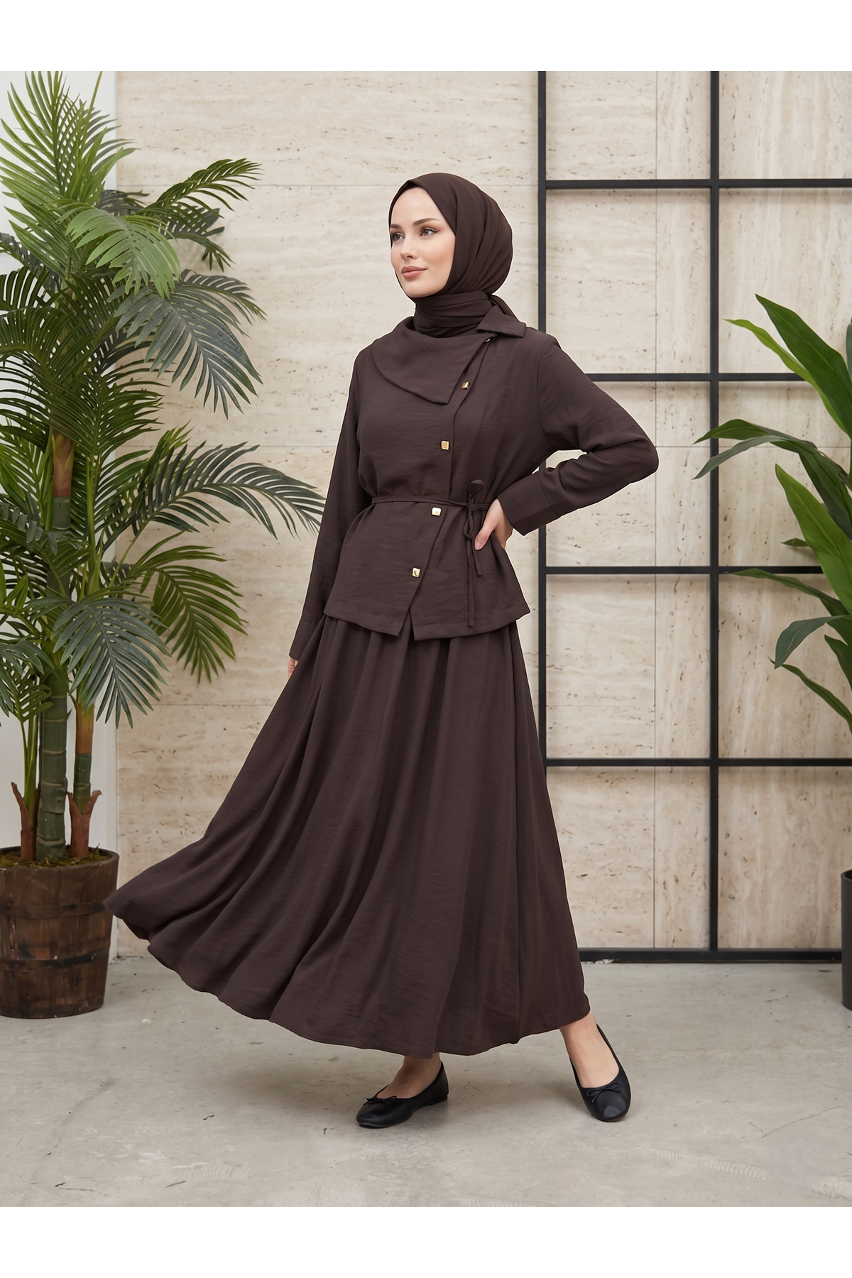 Çapraz Düğmeli Etekli Takım-Kahve