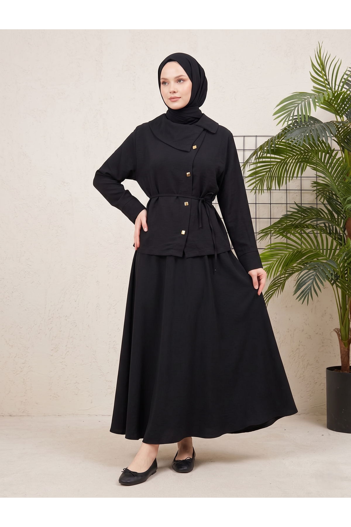 Çapraz Düğmeli Etekli Takım-Siyah