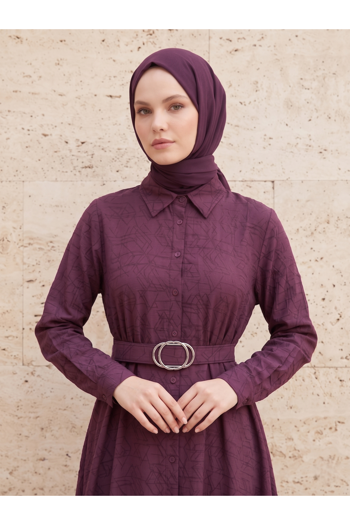 Yakalı Patlı Elbise-Bordo