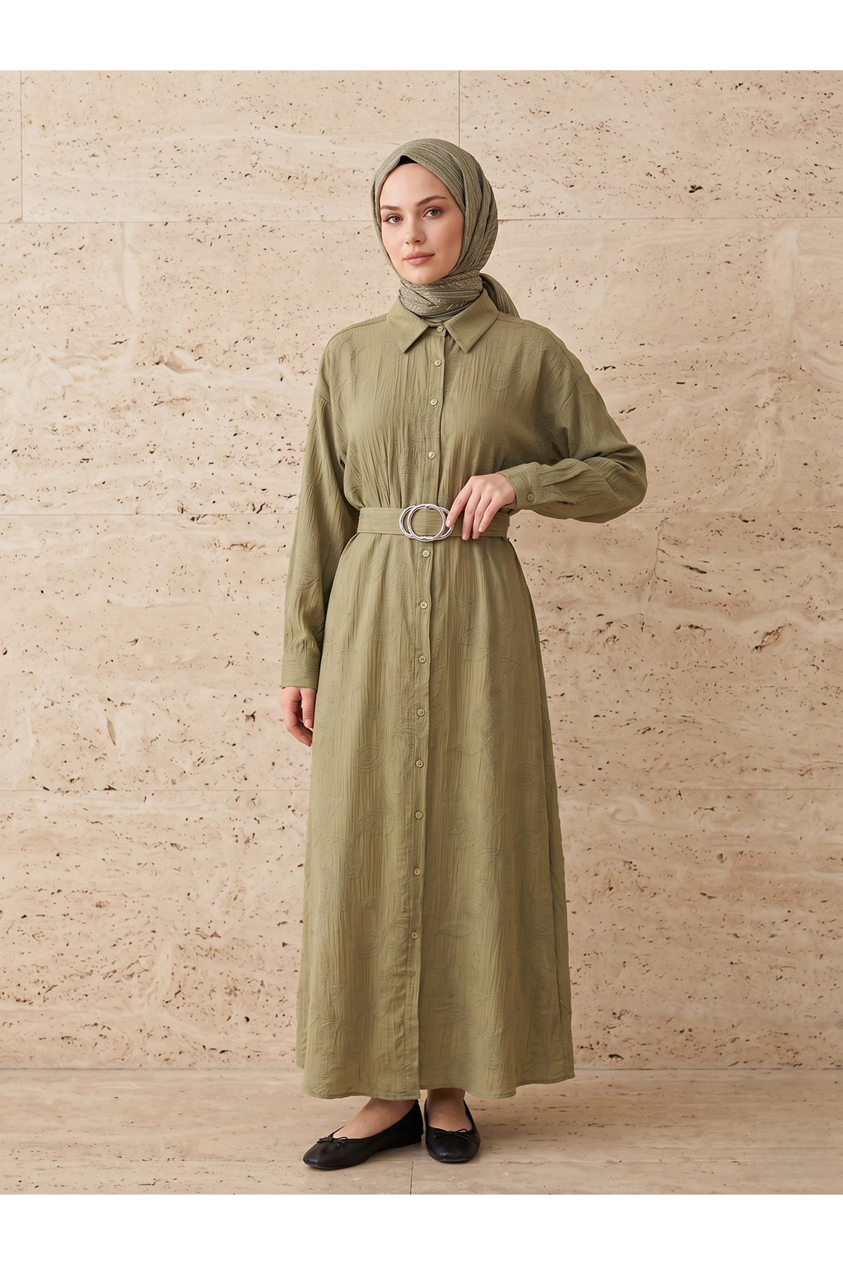 Yakalı Patlı Elbise-Haki