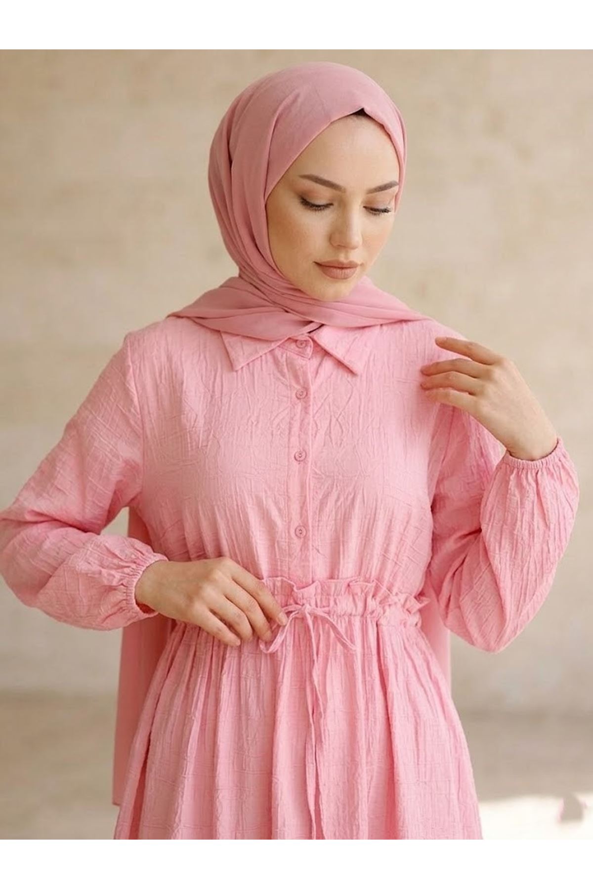 Beli Tünelli Elbise-Pembe