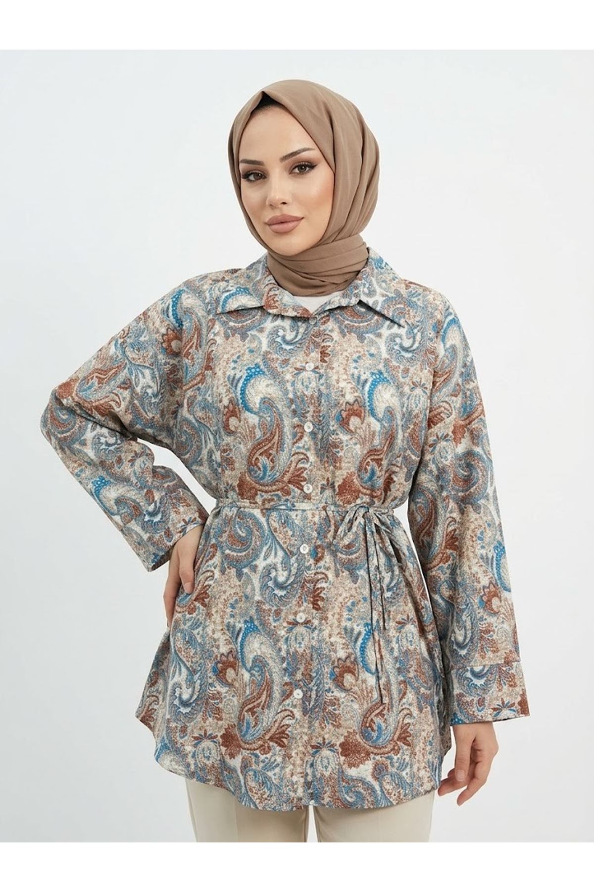 Geniş Manşet Baskılı Tunik-Color