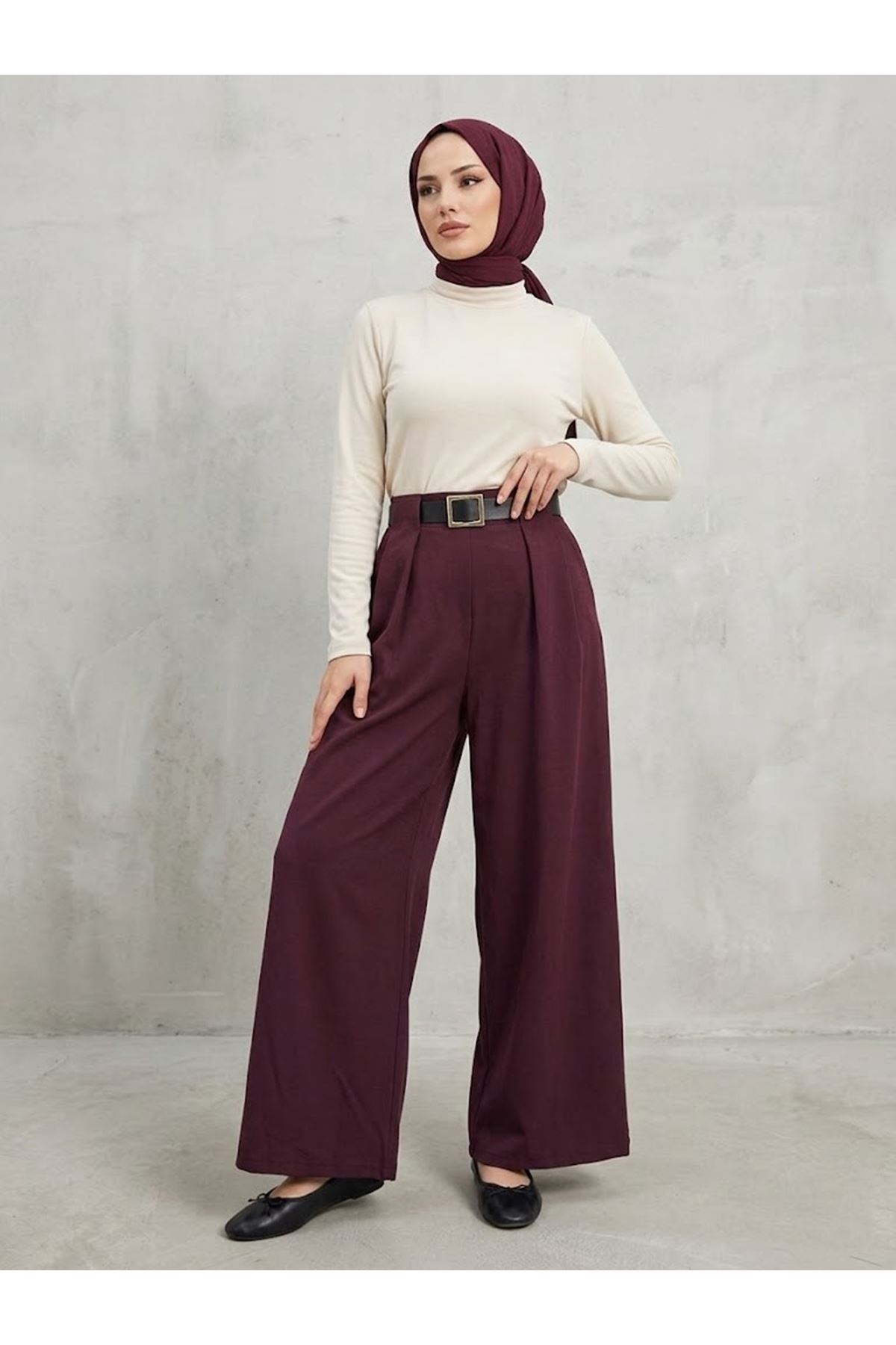 Pileli Kemer Detay Pantolon-Bordo
