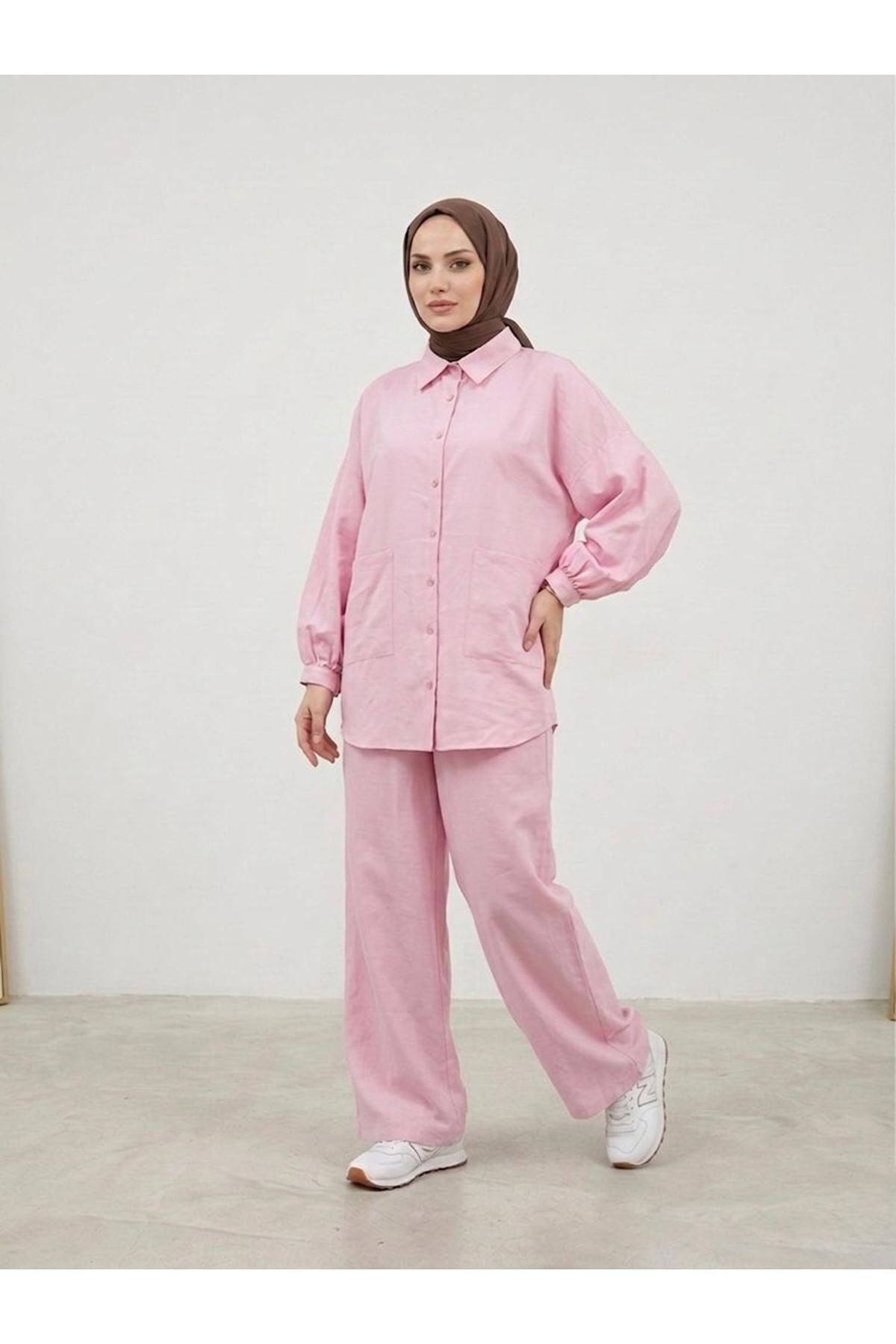 Cep Detay Kol Büzgülü Pantolonlu Takım-Pembe