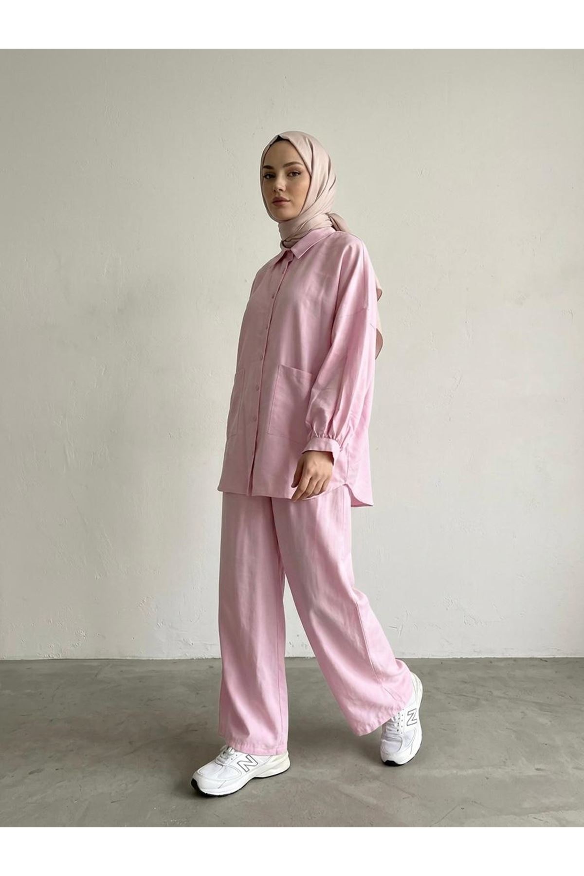 Cep Detay Kol Büzgülü Pantolonlu Takım-Pembe