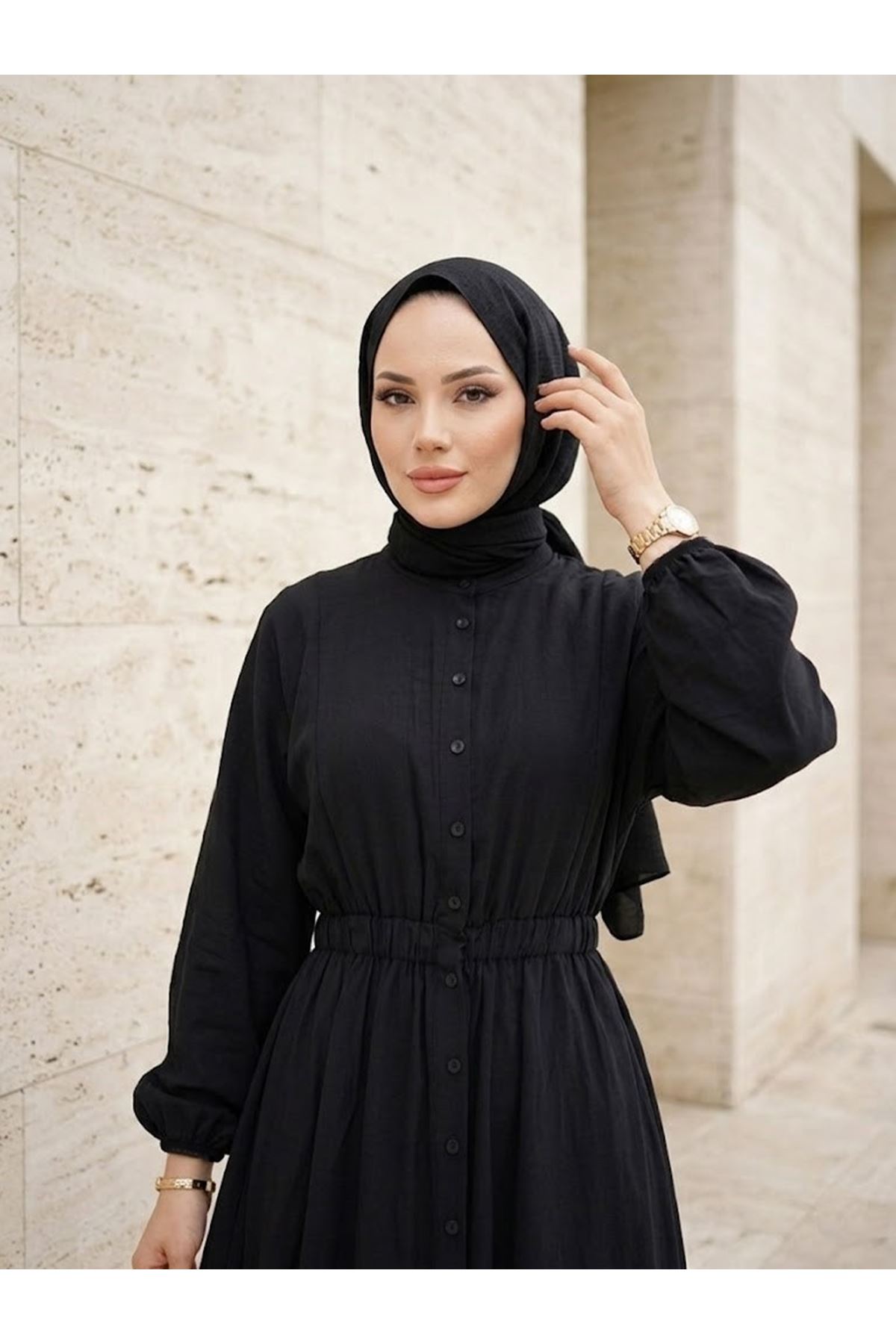 Yarasa Kol Bel Lastikli Elbise-Siyah