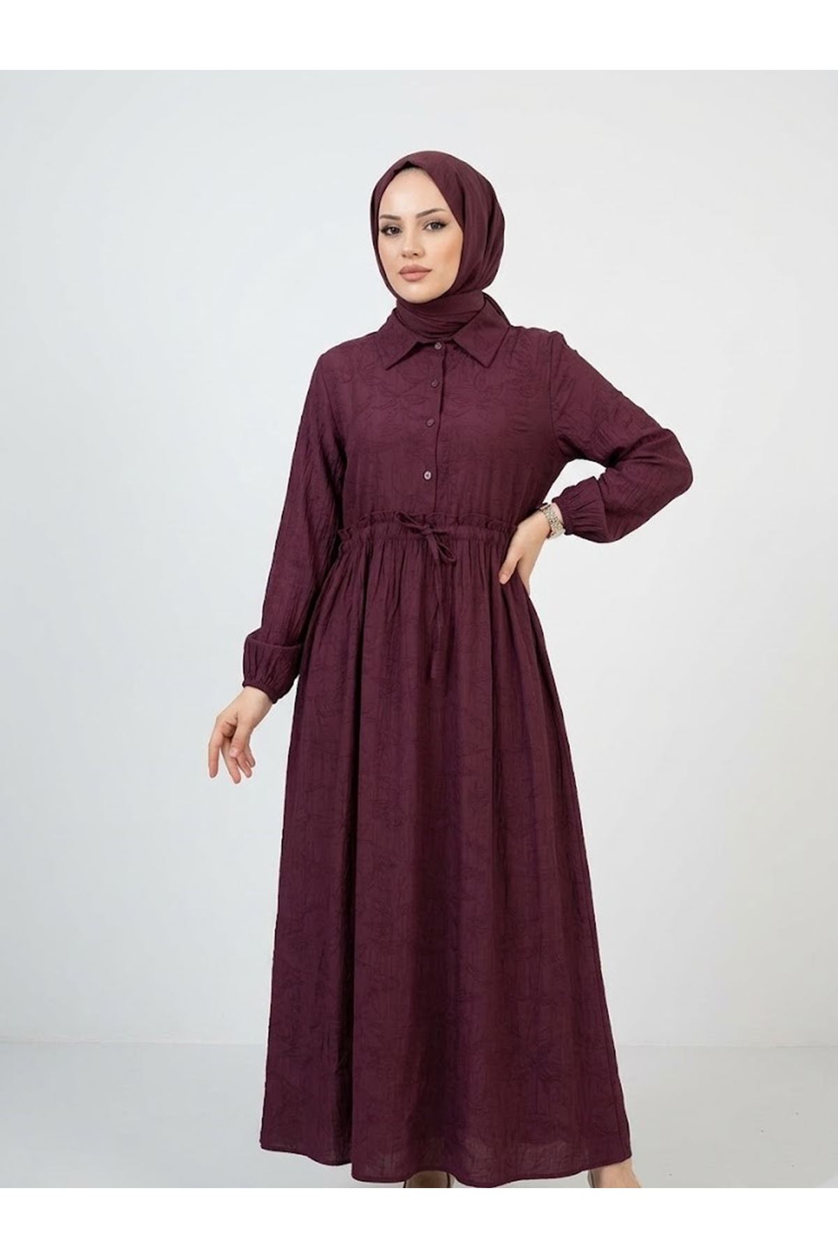 Bel Fırfır Detay Yarım Pat Elbise-Bordo