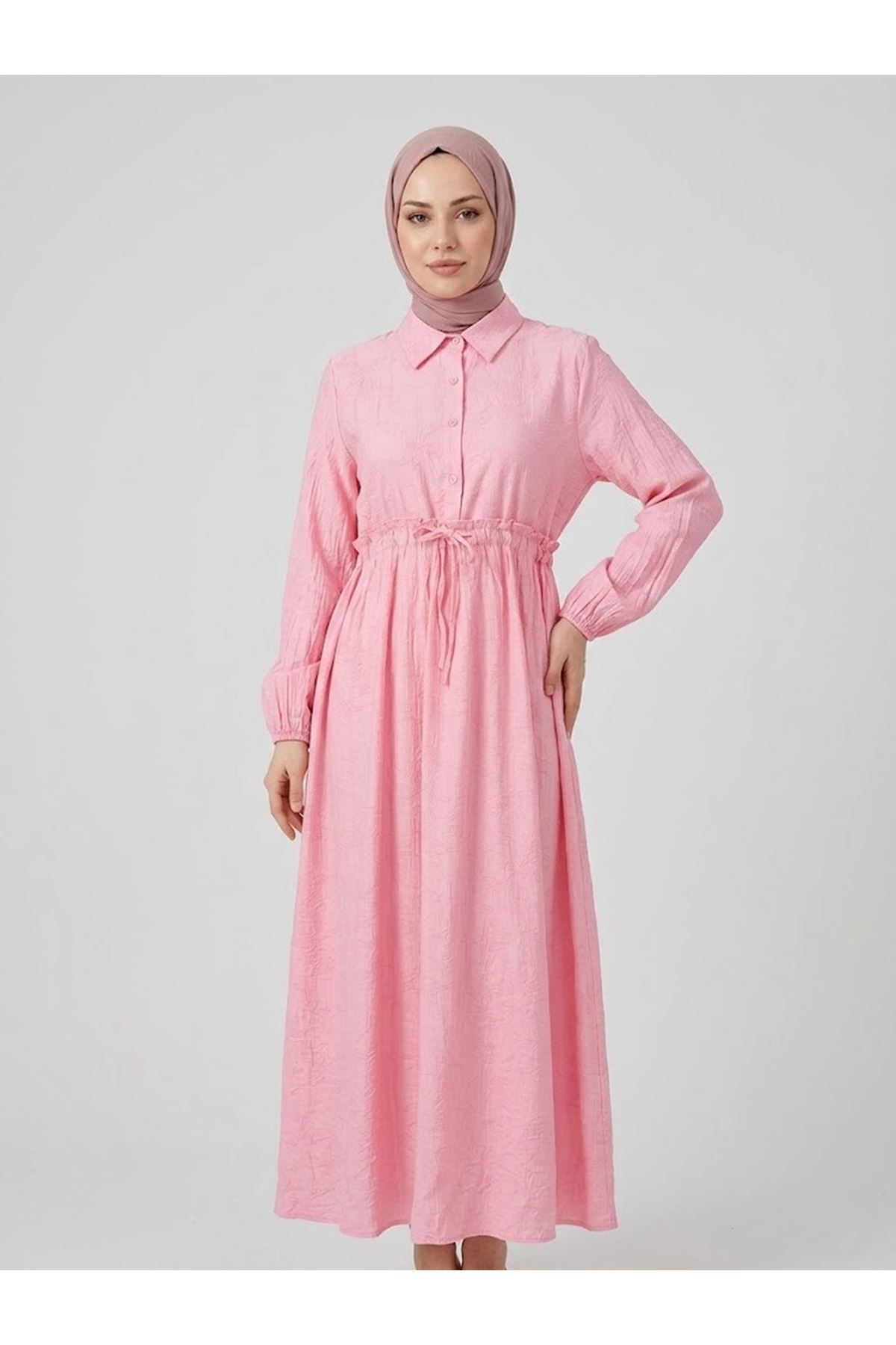 Bel Fırfır Detay Yarım Pat Elbise-Pembe