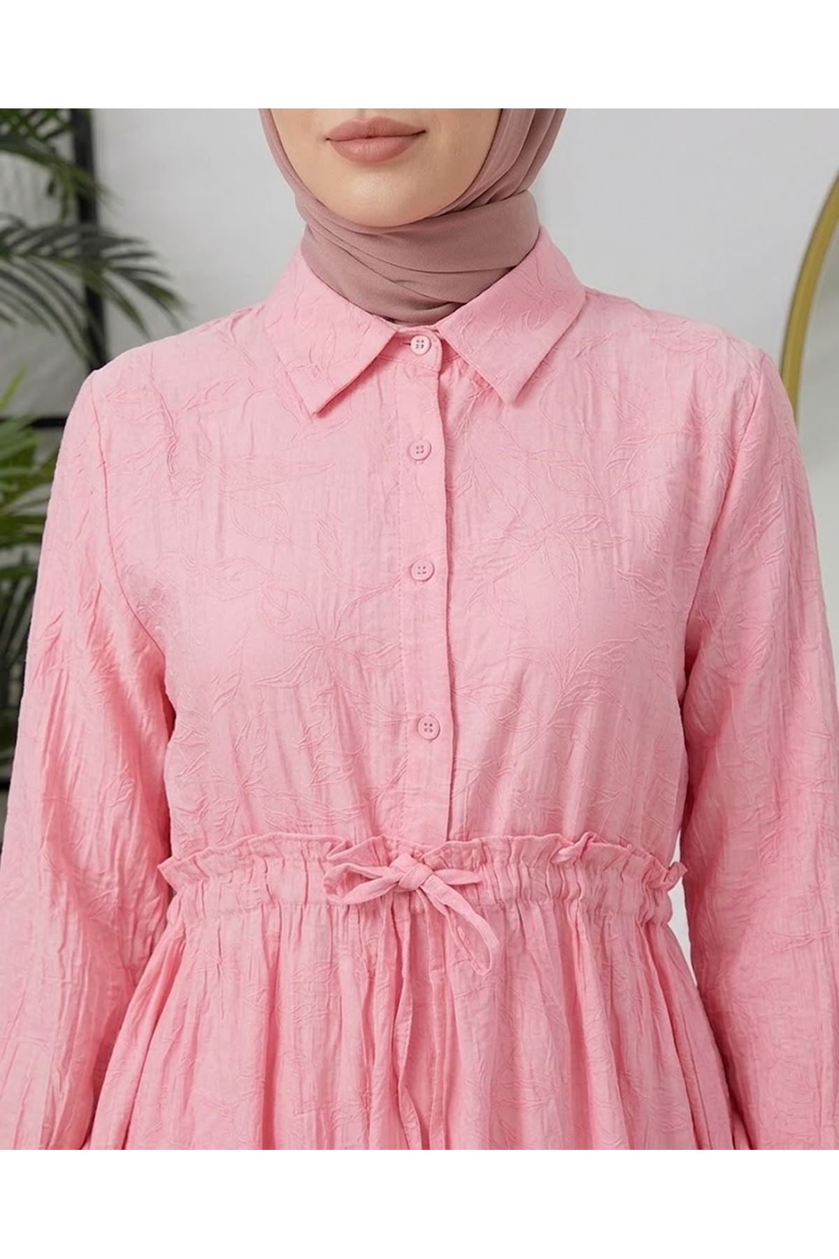 Bel Fırfır Detay Yarım Pat Elbise-Pembe