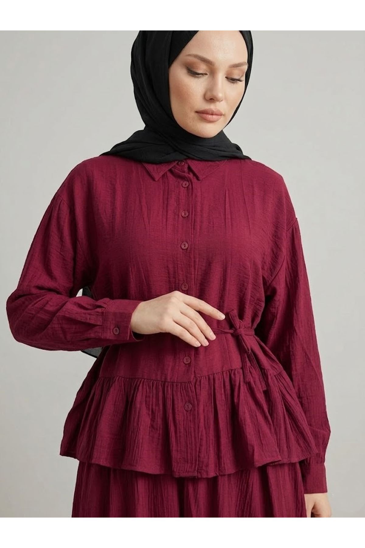 Büzgülü Etekli Çilek Takım-Bordo