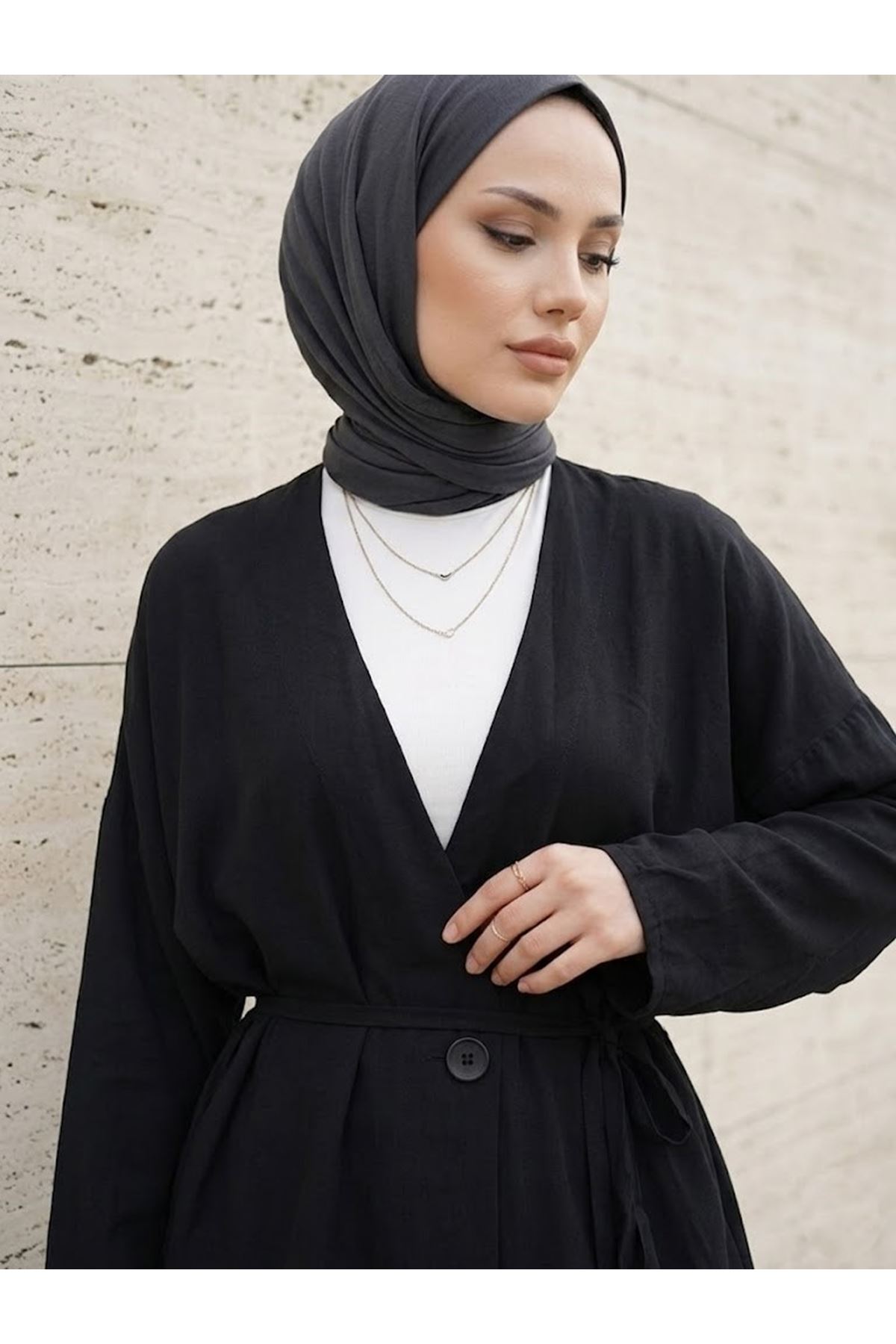 Düğme Detay Pantolonlu Takım-Siyah