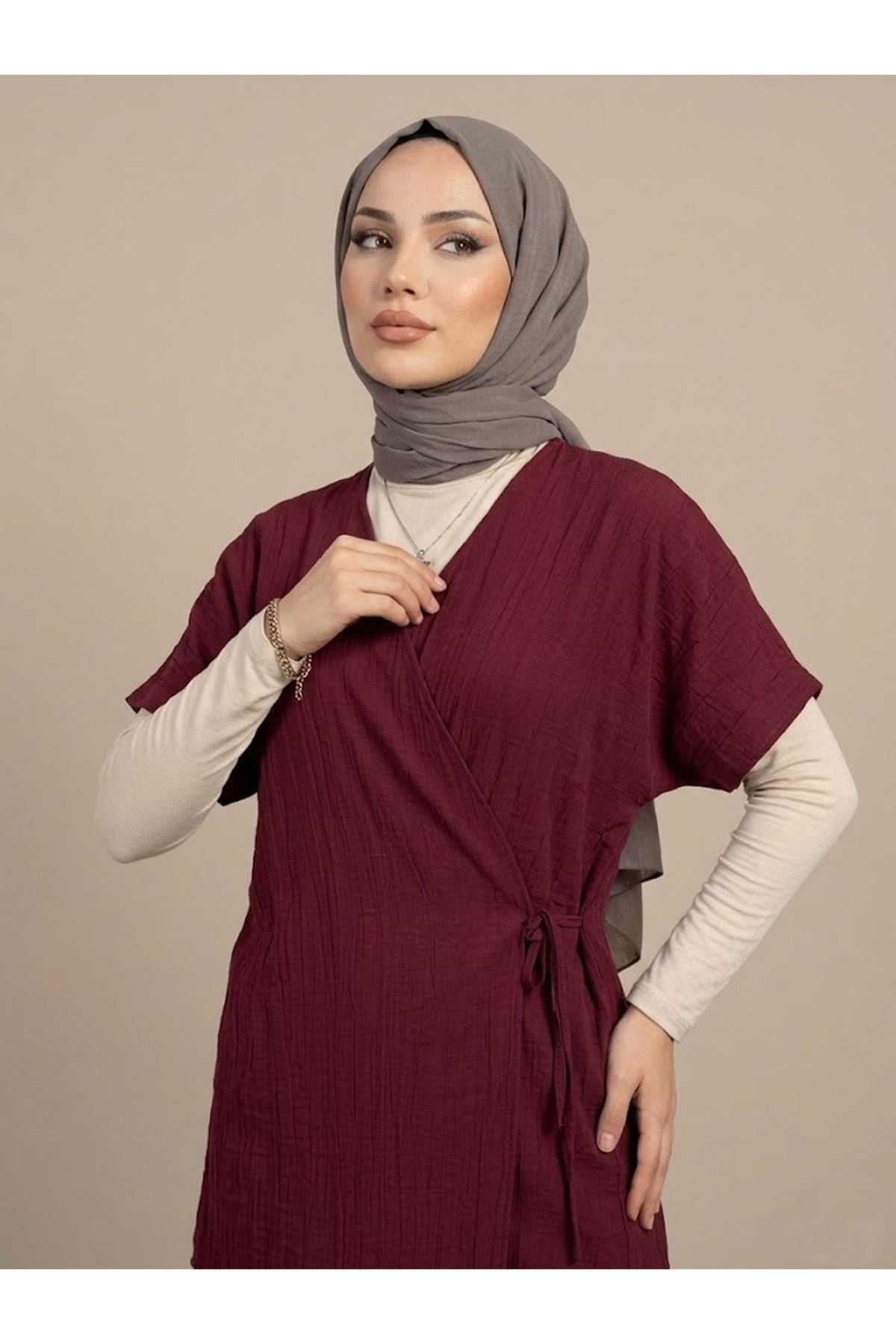 Yan Bağlamalı Yelekli Takım-Bordo