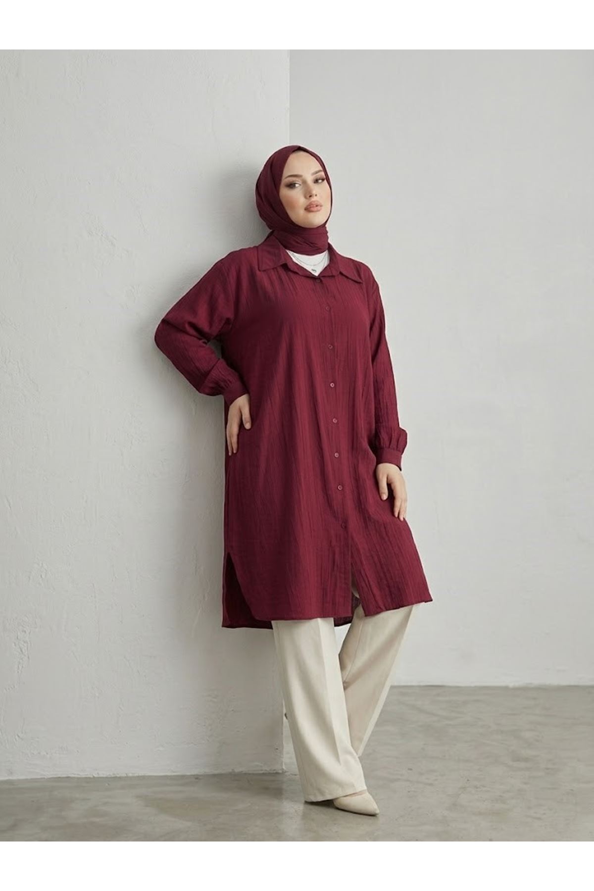 Yırtmaç Detay Uzun Tunik-Bordo