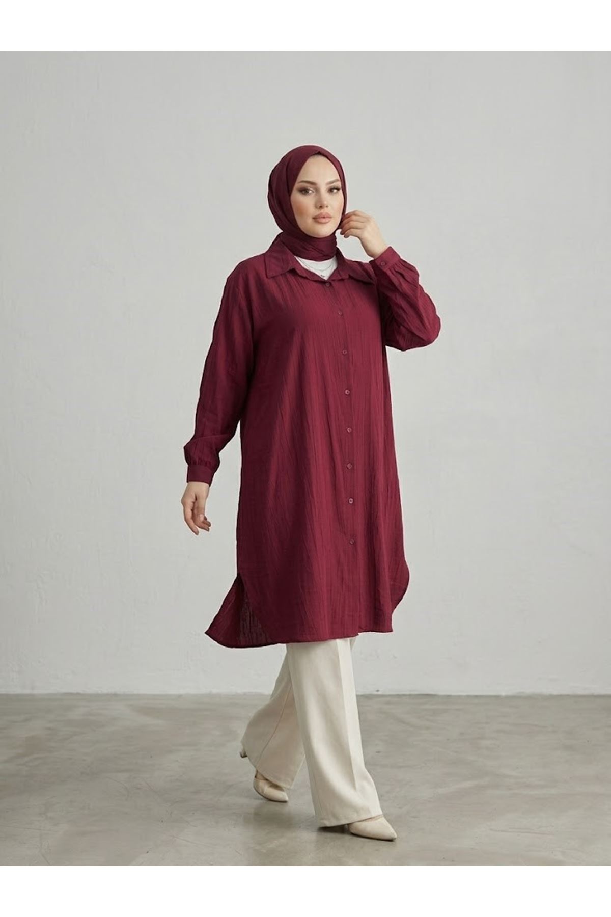 Yırtmaç Detay Uzun Tunik-Bordo