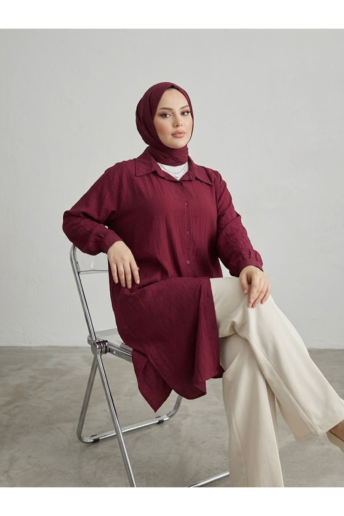 Yırtmaç Detay Uzun Tunik-Bordo