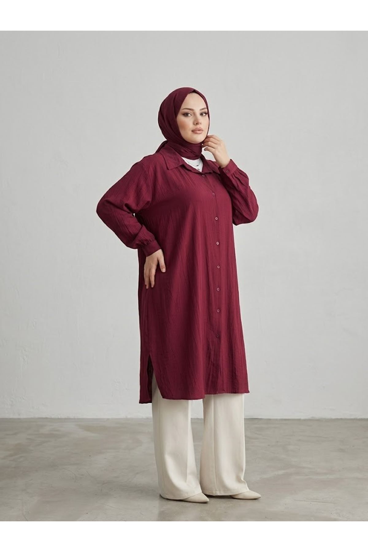 Yırtmaç Detay Uzun Tunik-Bordo