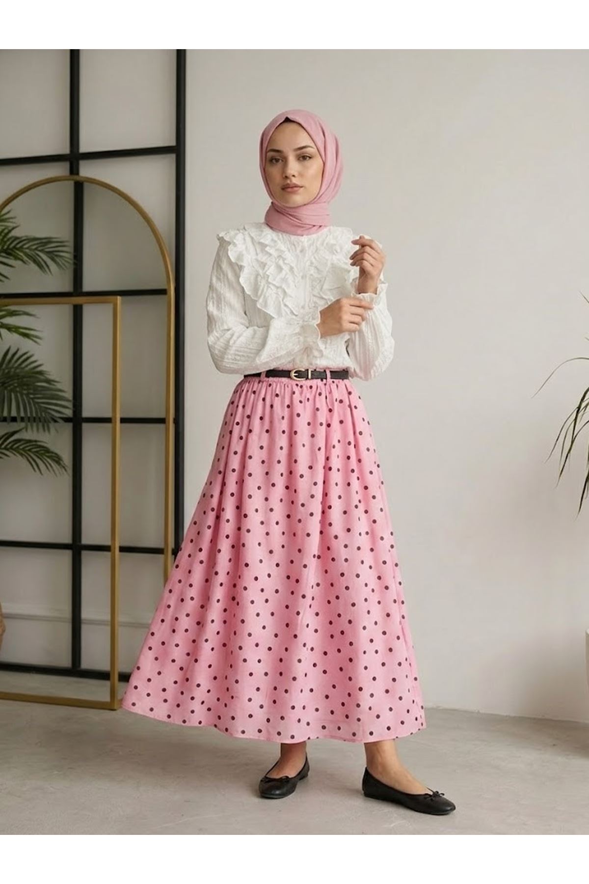 Kemer Detay Puantiye Etek-Pembe