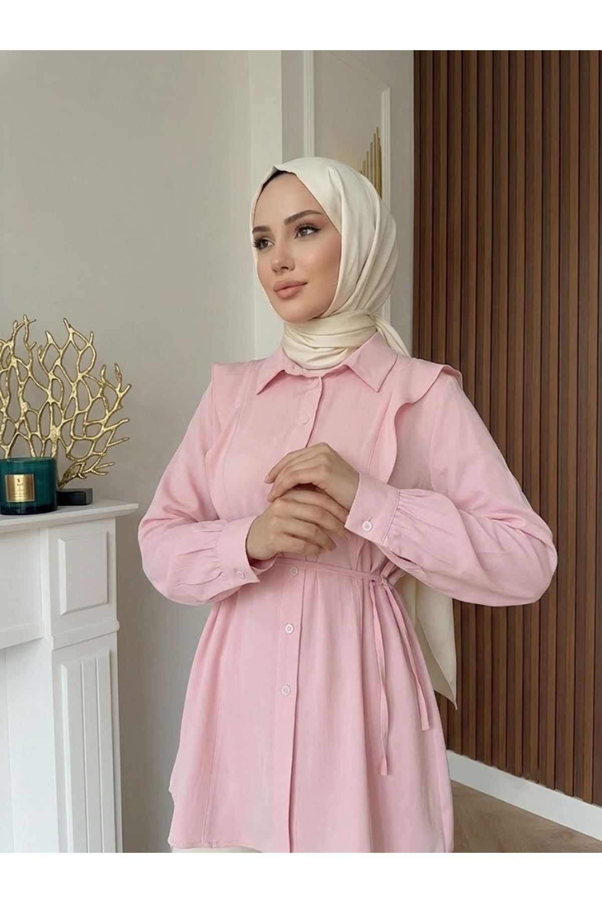 Omuz Aller Detay Tunik-Pembe