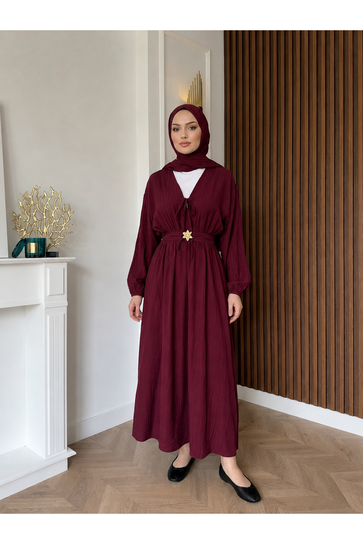 Kuşak Aksesuar Detay BAĞLAMALI eLBİSE-Bordo