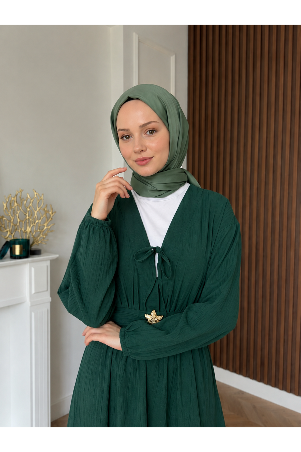 Kuşak Aksesuar Detay BAĞLAMALI eLBİSE-Zümrüt Yeşili