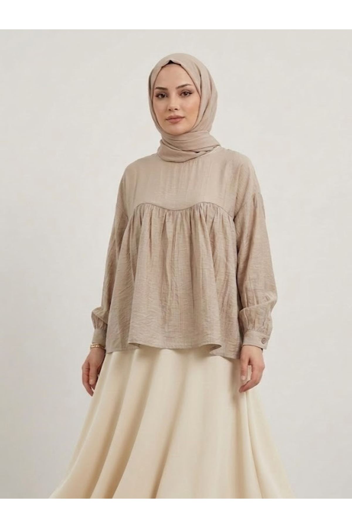 Manşet Detay Büzgülü Tunik-Vizon