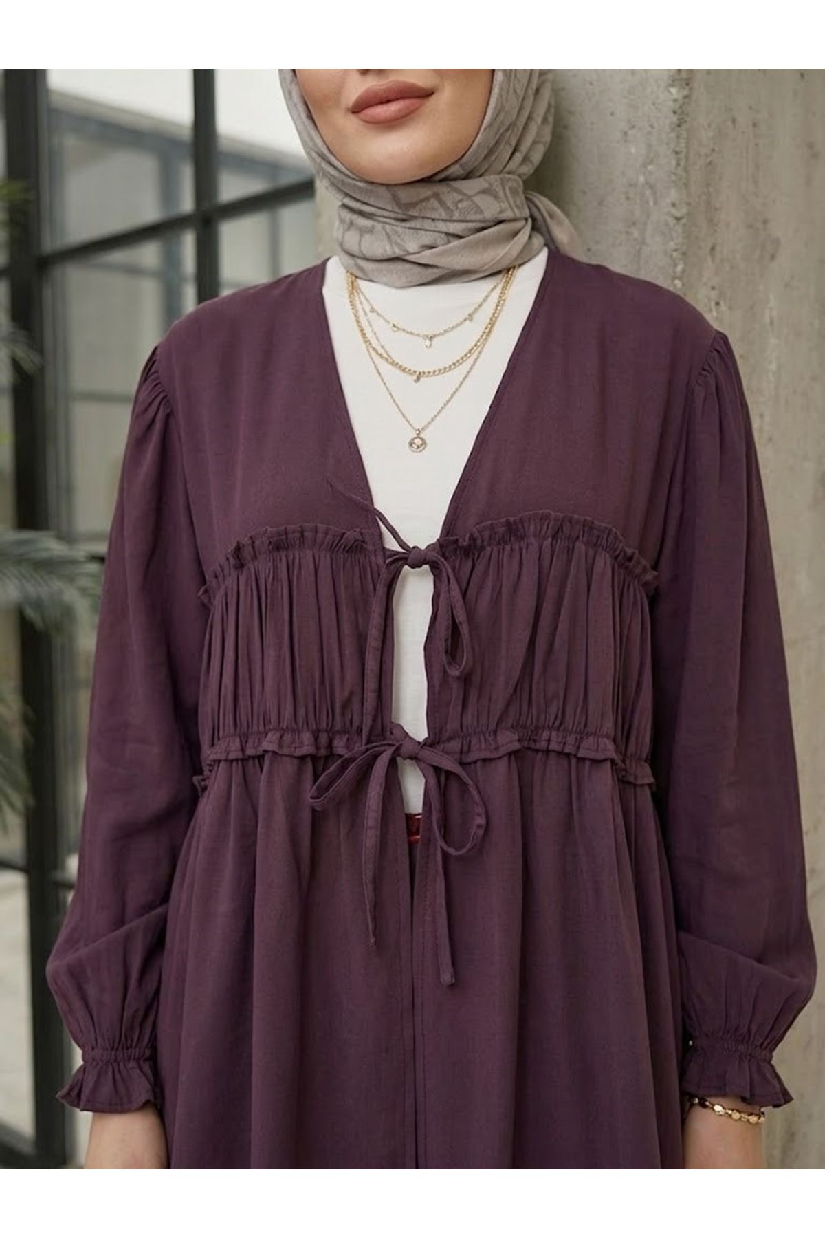 Büzgülü Bağlamalı Pantolonlu Takım-Bordo