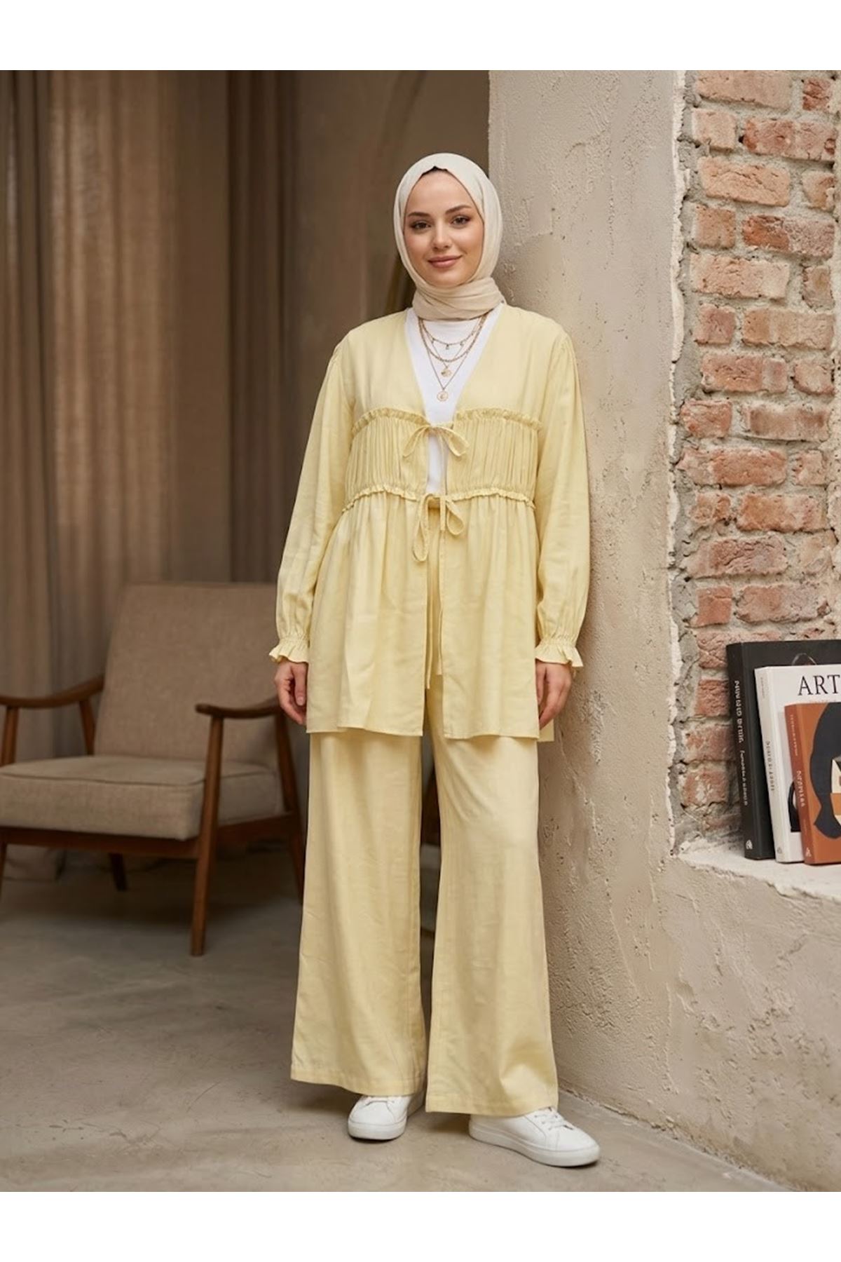 Büzgülü Bağlamalı Pantolonlu Takım-Sarı