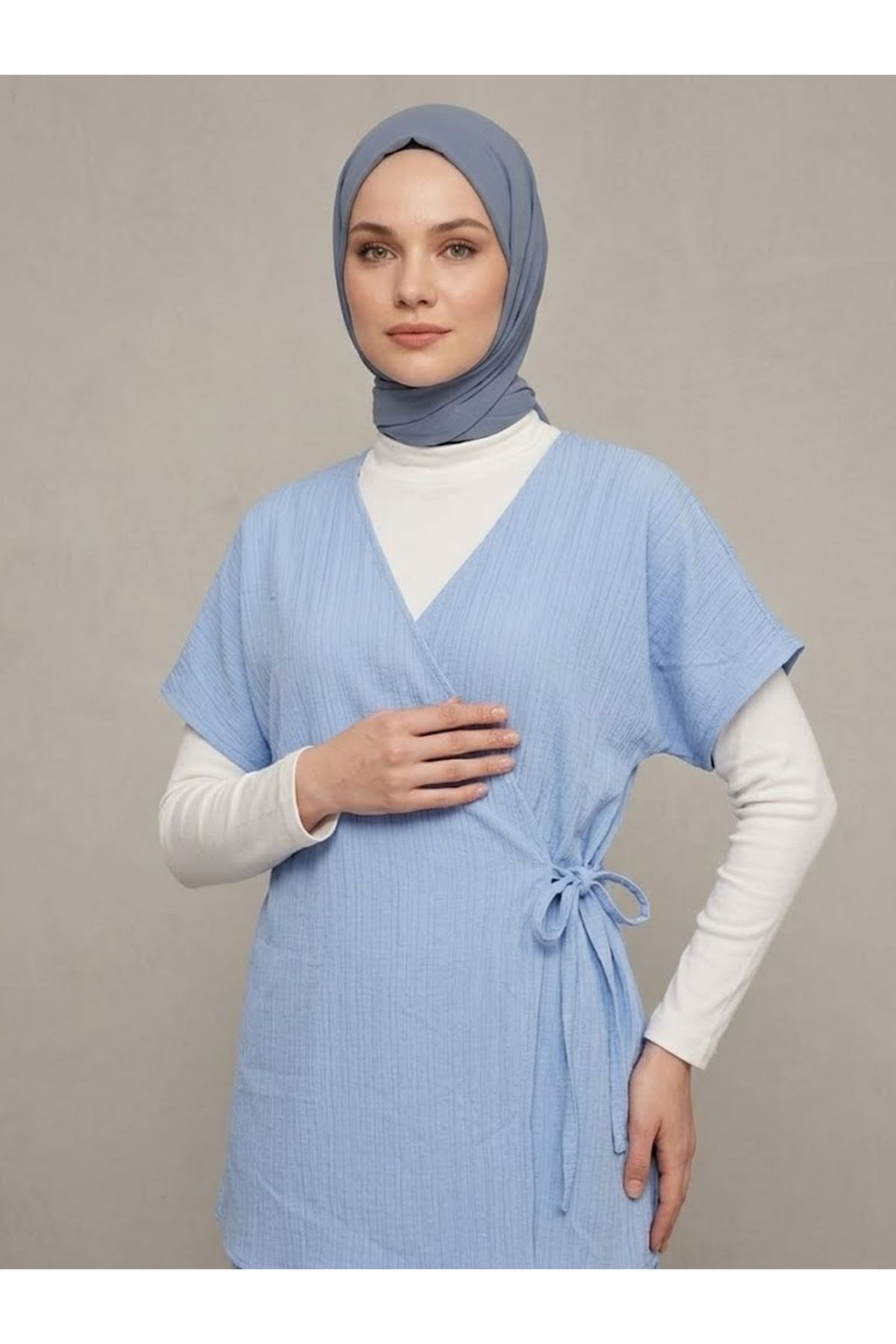 Yan Bağlamalı Yelekli Takım-Mavi