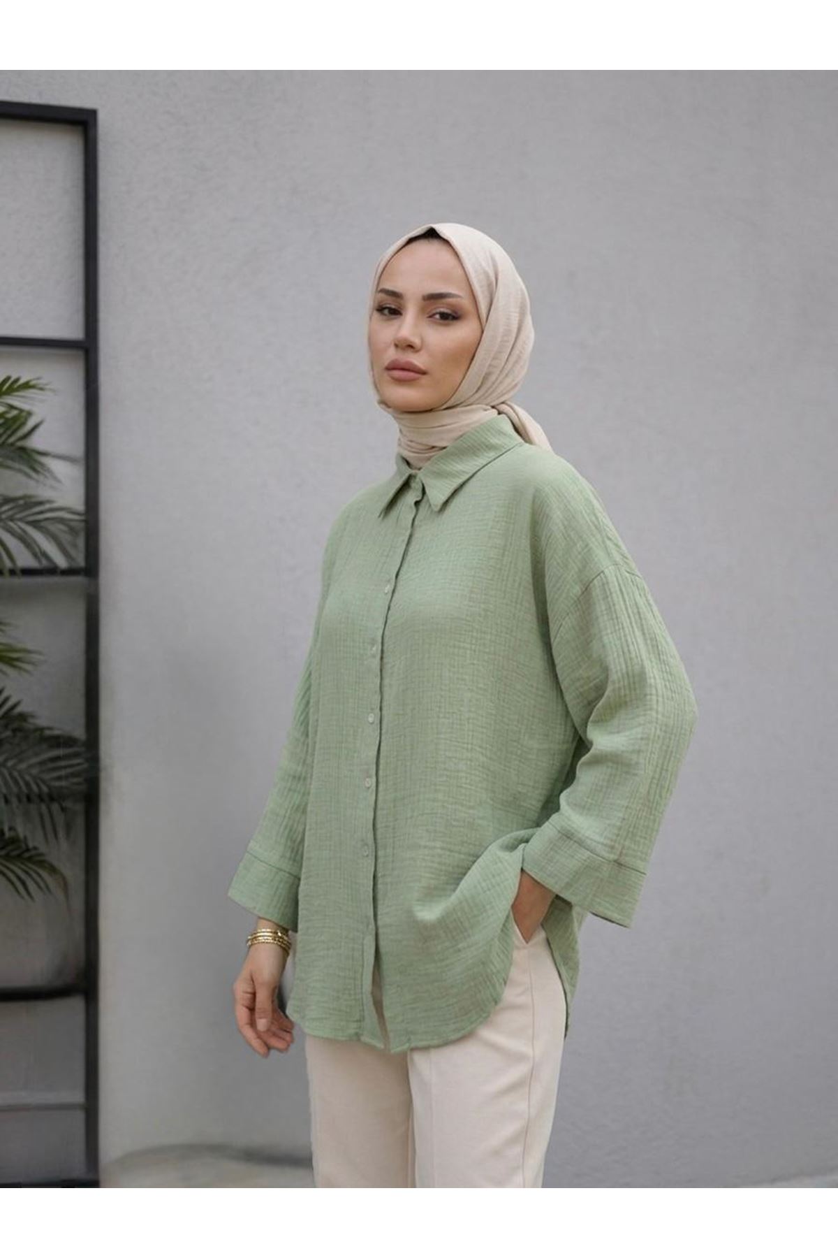 Duble Kol Müslin Gömlek-Mint