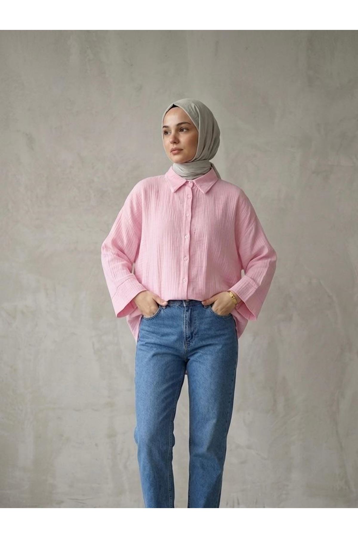 Duble Kol Müslin Gömlek-Pembe