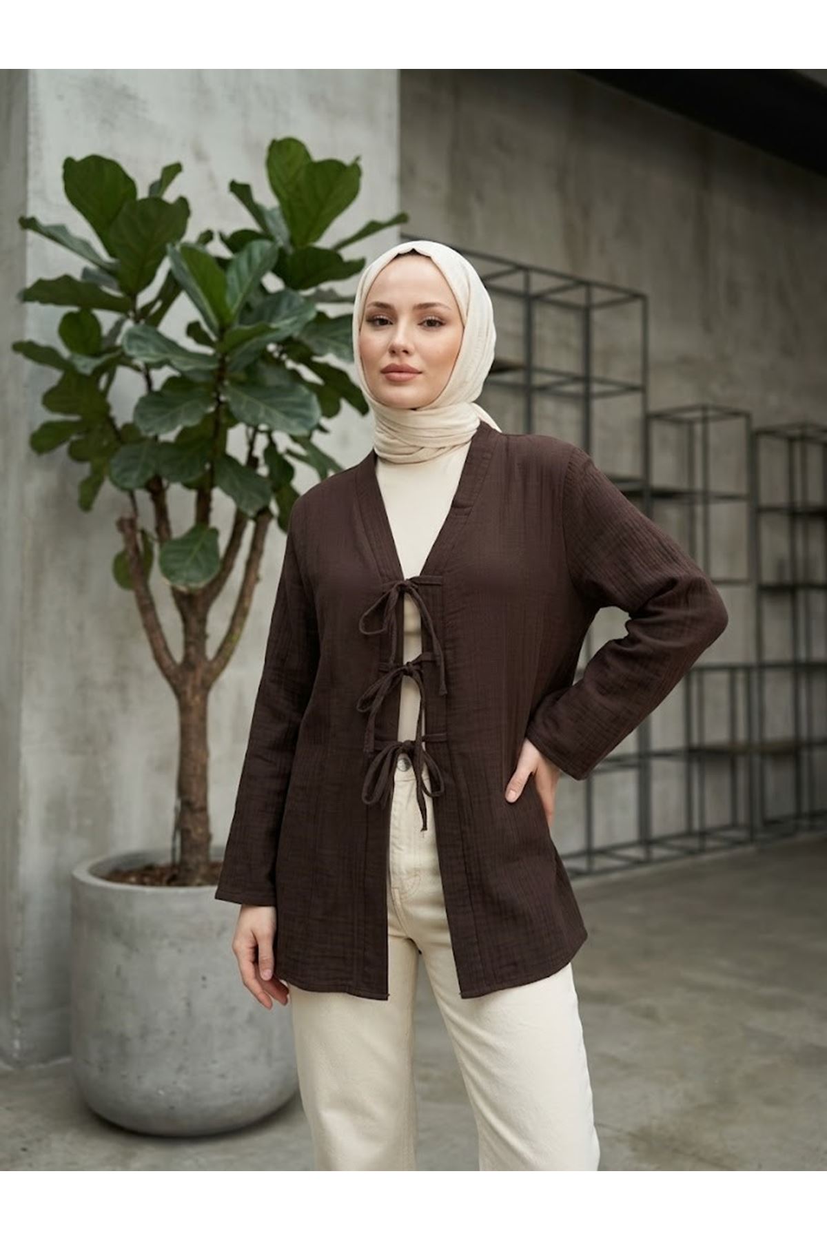 Üç Bağcıklı MüslinTunik-Kahve