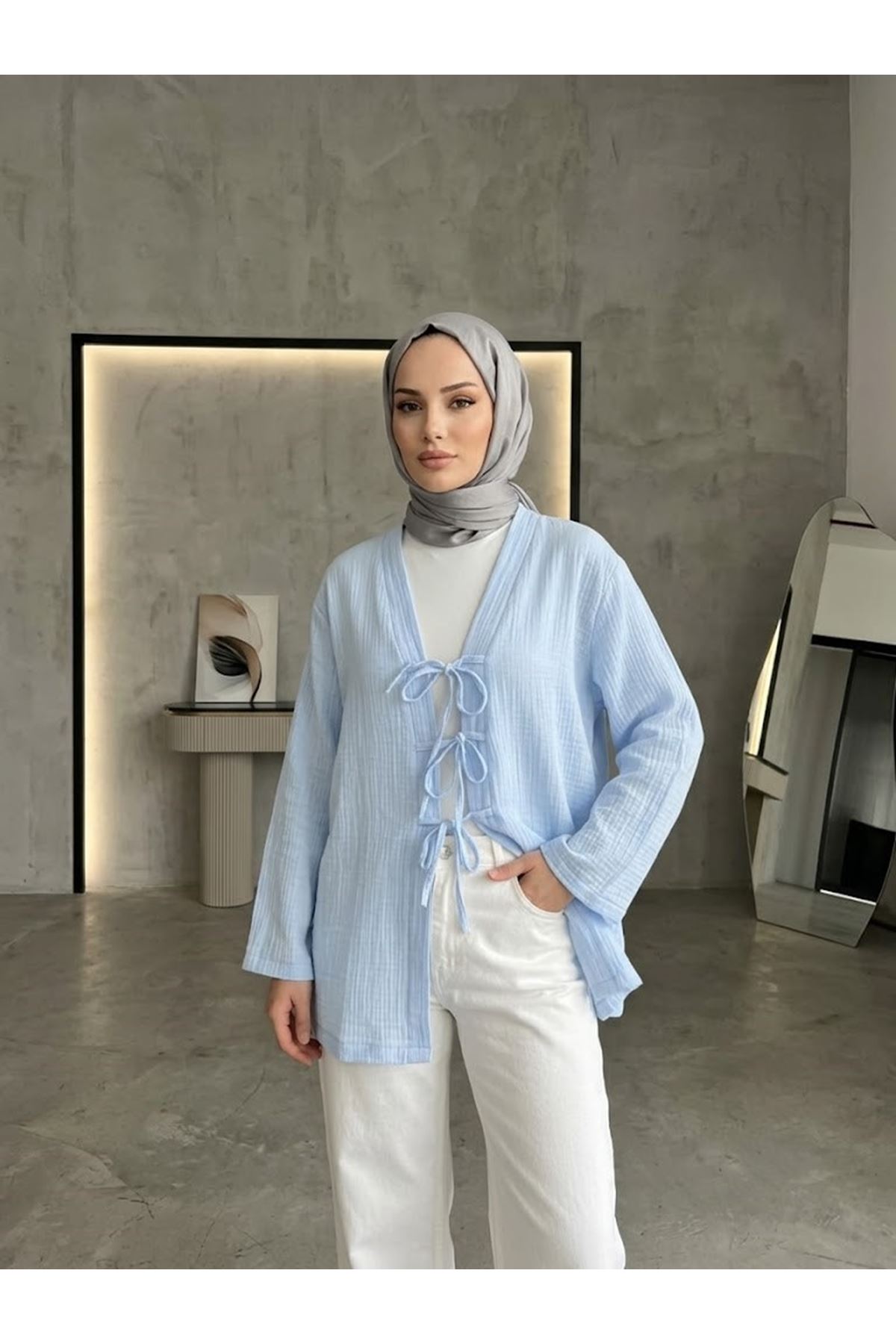 Üç Bağcıklı MüslinTunik-Mavi