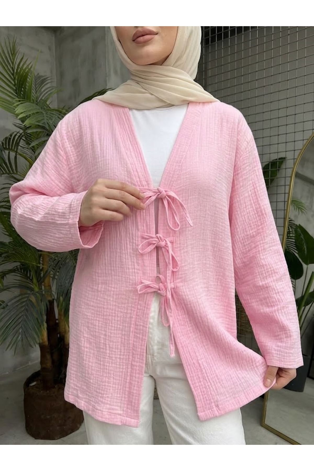 Üç Bağcıklı MüslinTunik-Pembe