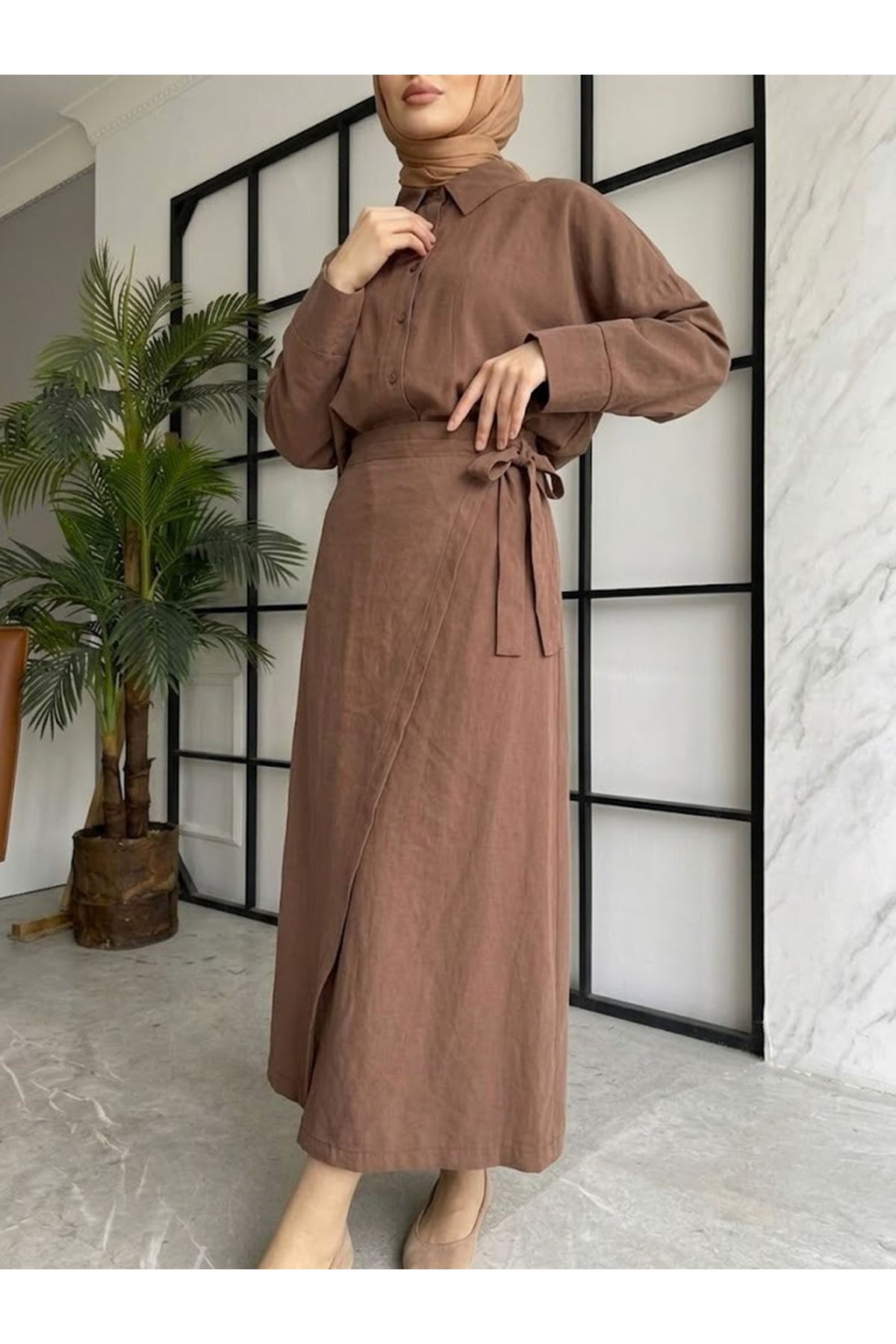 Takma Manşet Etekli Takım-Kahve