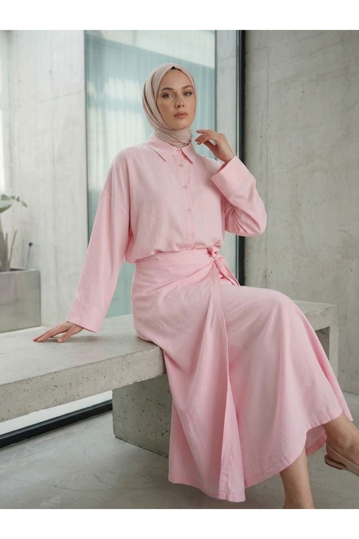 Takma Manşet Etekli Takım-Pembe
