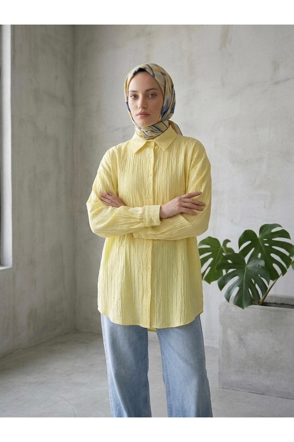 Kendinden Çizgili Tunik-Sarı