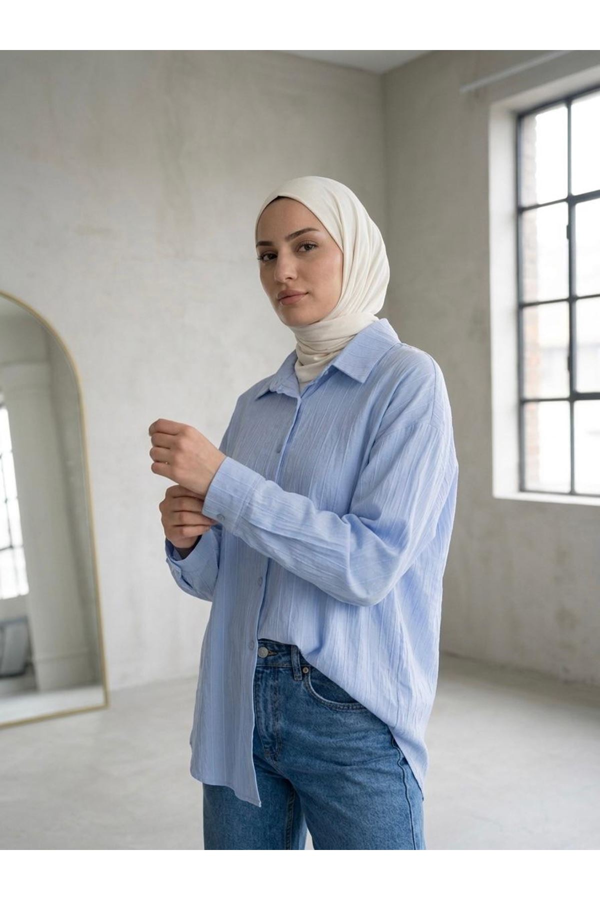 Kendinden Çizgili Tunik-Mavi