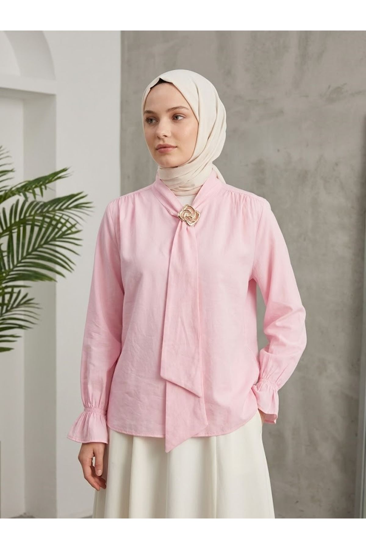 Yaka Kuşak Aksesuar Detay Tunik-Pembe