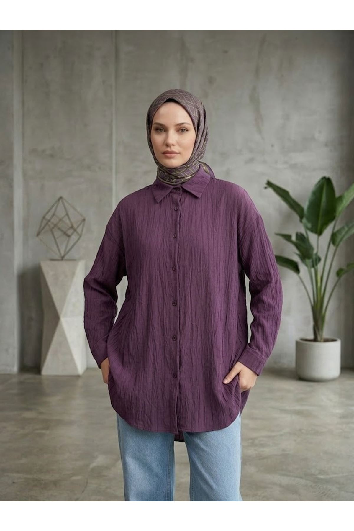 Kendinden Çizgili Tunik-Bordo