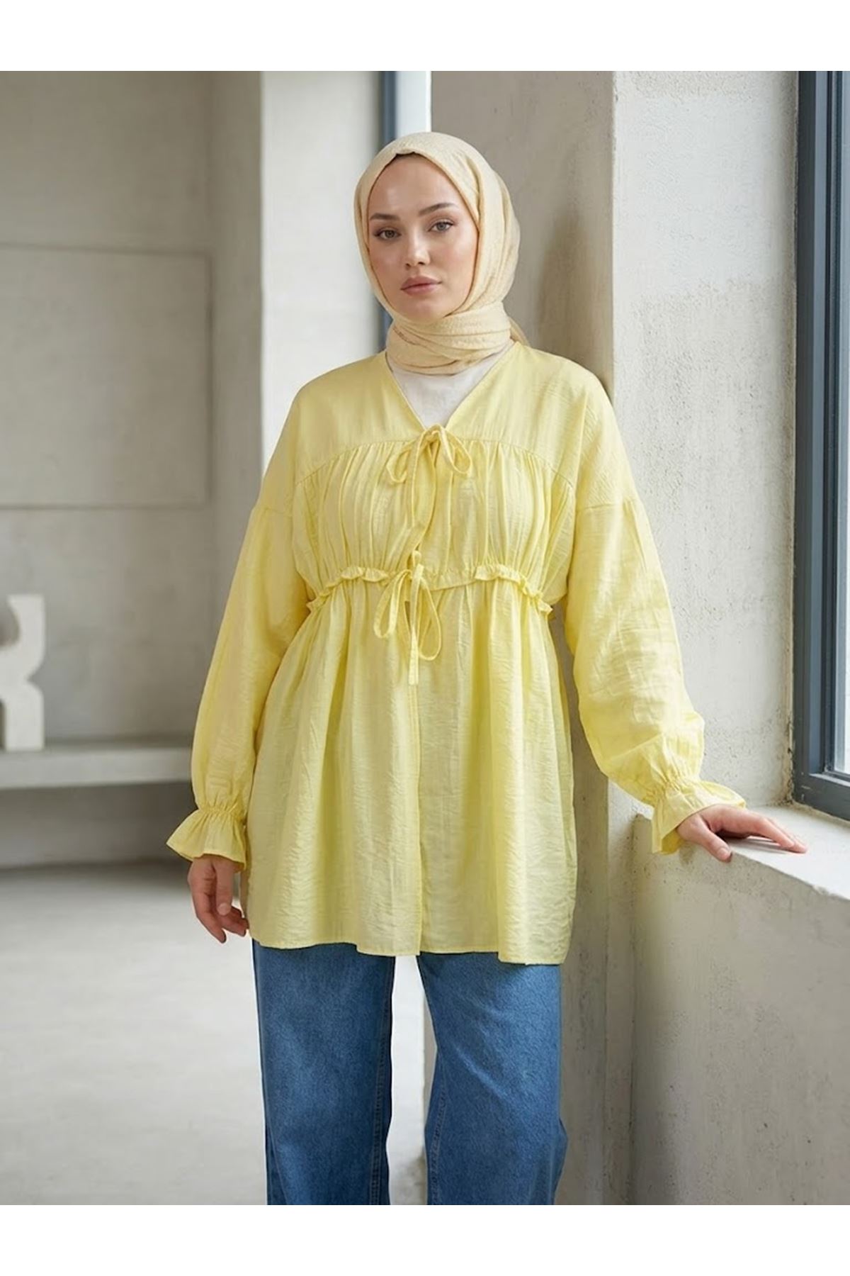 Büzgülü Bağlamalı Tunik-Sarı